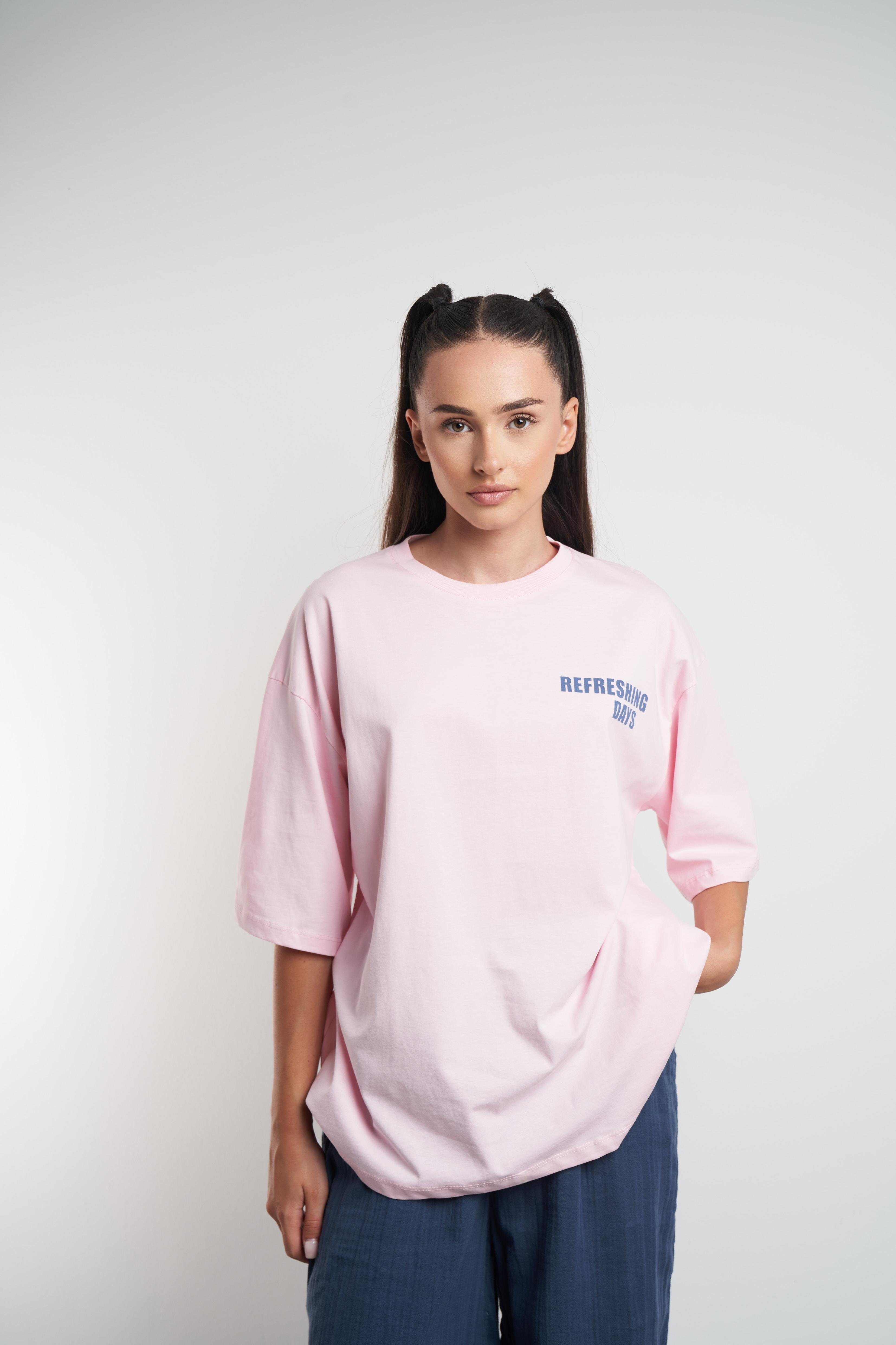Tropical Drink Baskılı Oversize Kısa Kol T-shirt Toz Pembe
