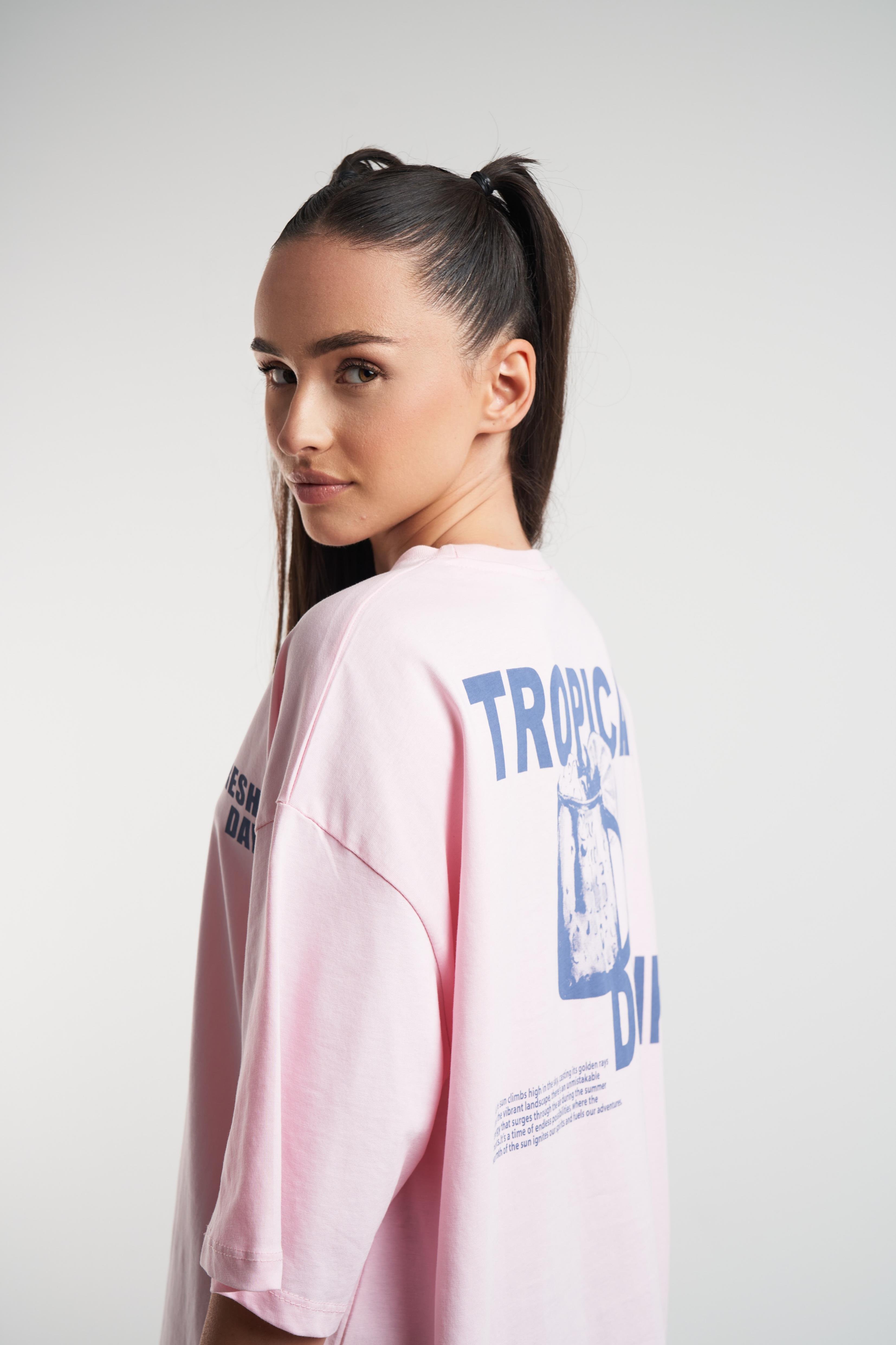 Tropical Drink Baskılı Oversize Kısa Kol T-shirt Toz Pembe