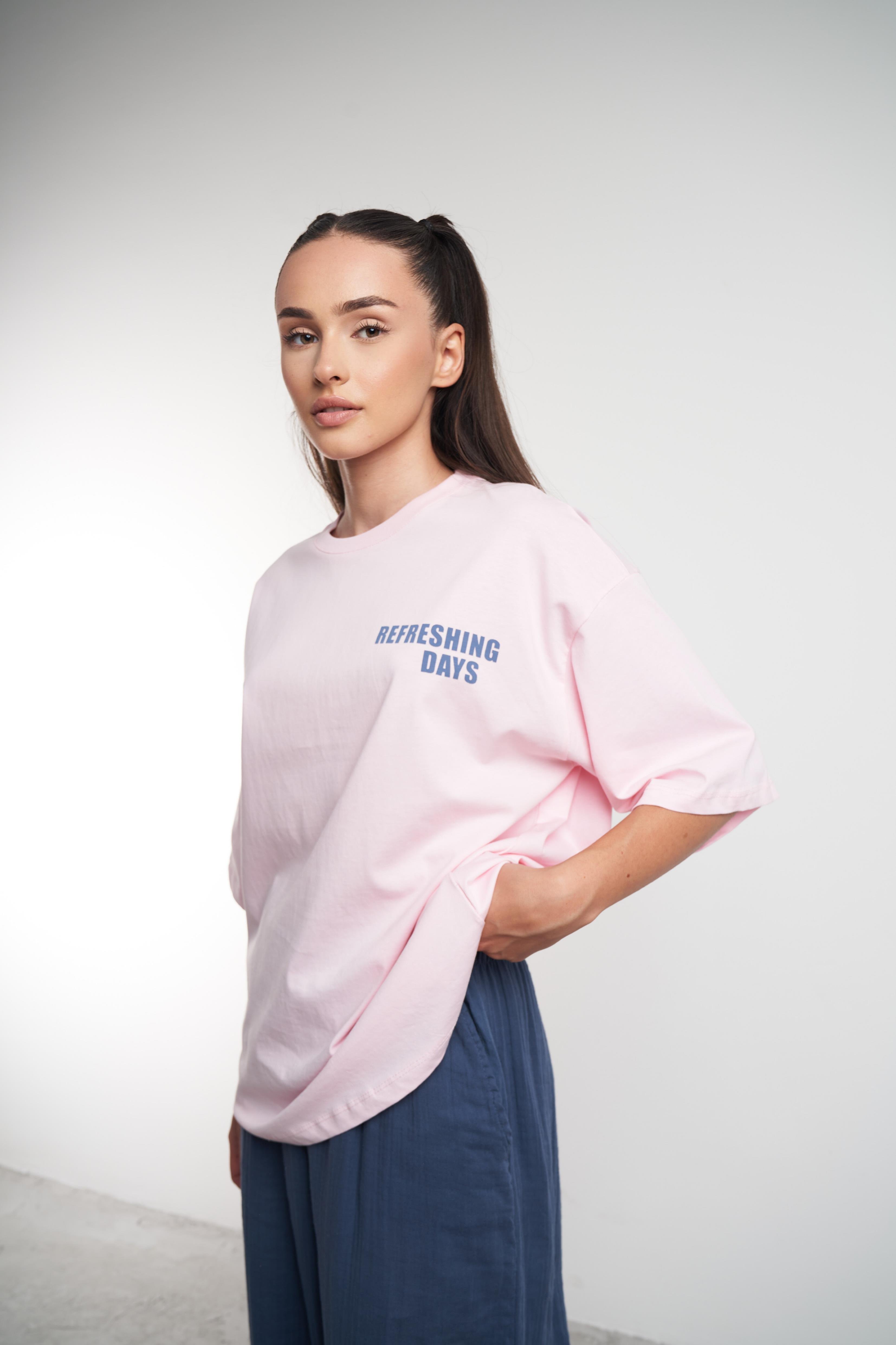 Tropical Drink Baskılı Oversize Kısa Kol T-shirt Toz Pembe