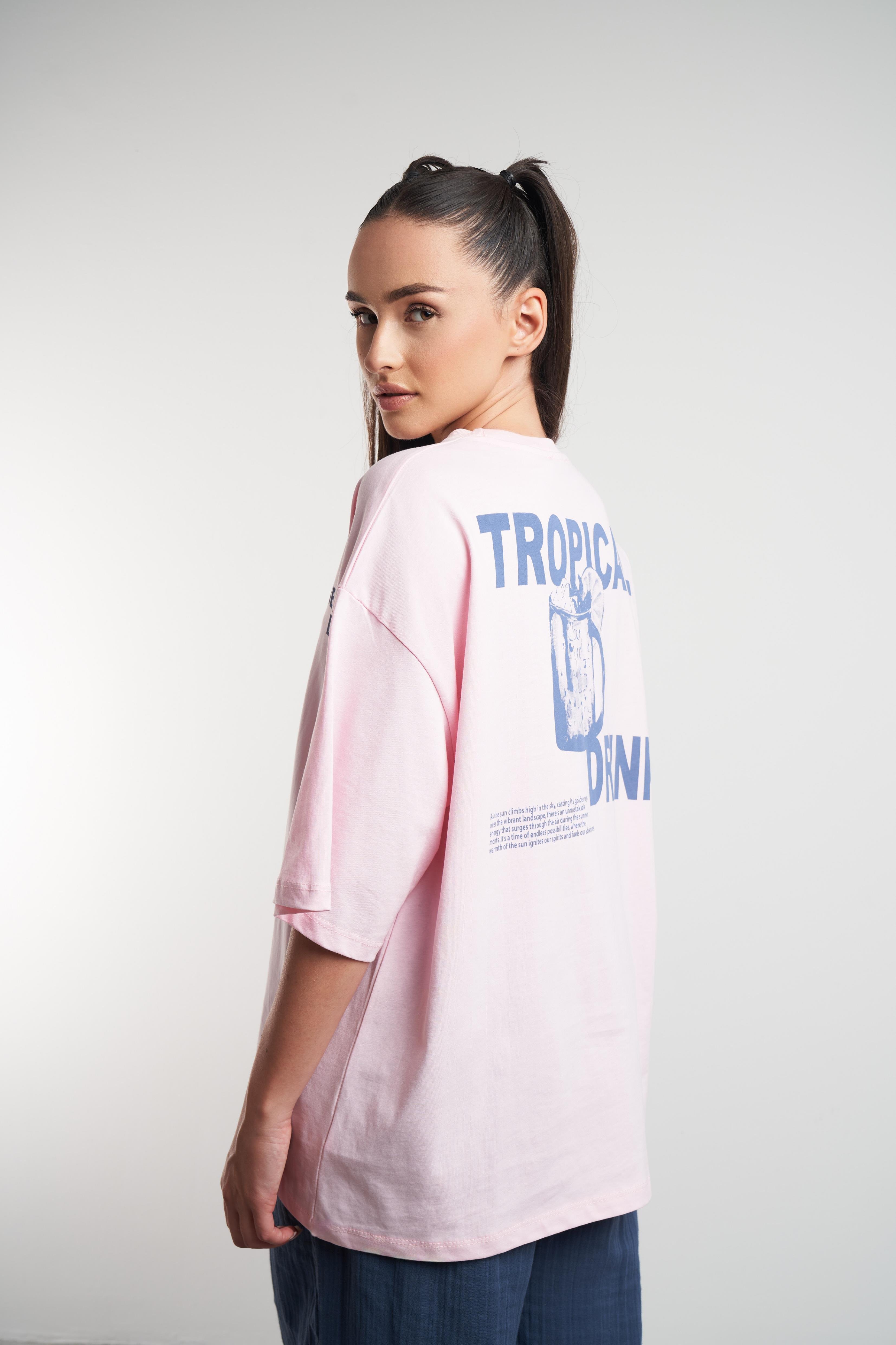 Tropical Drink Baskılı Oversize Kısa Kol T-shirt Toz Pembe