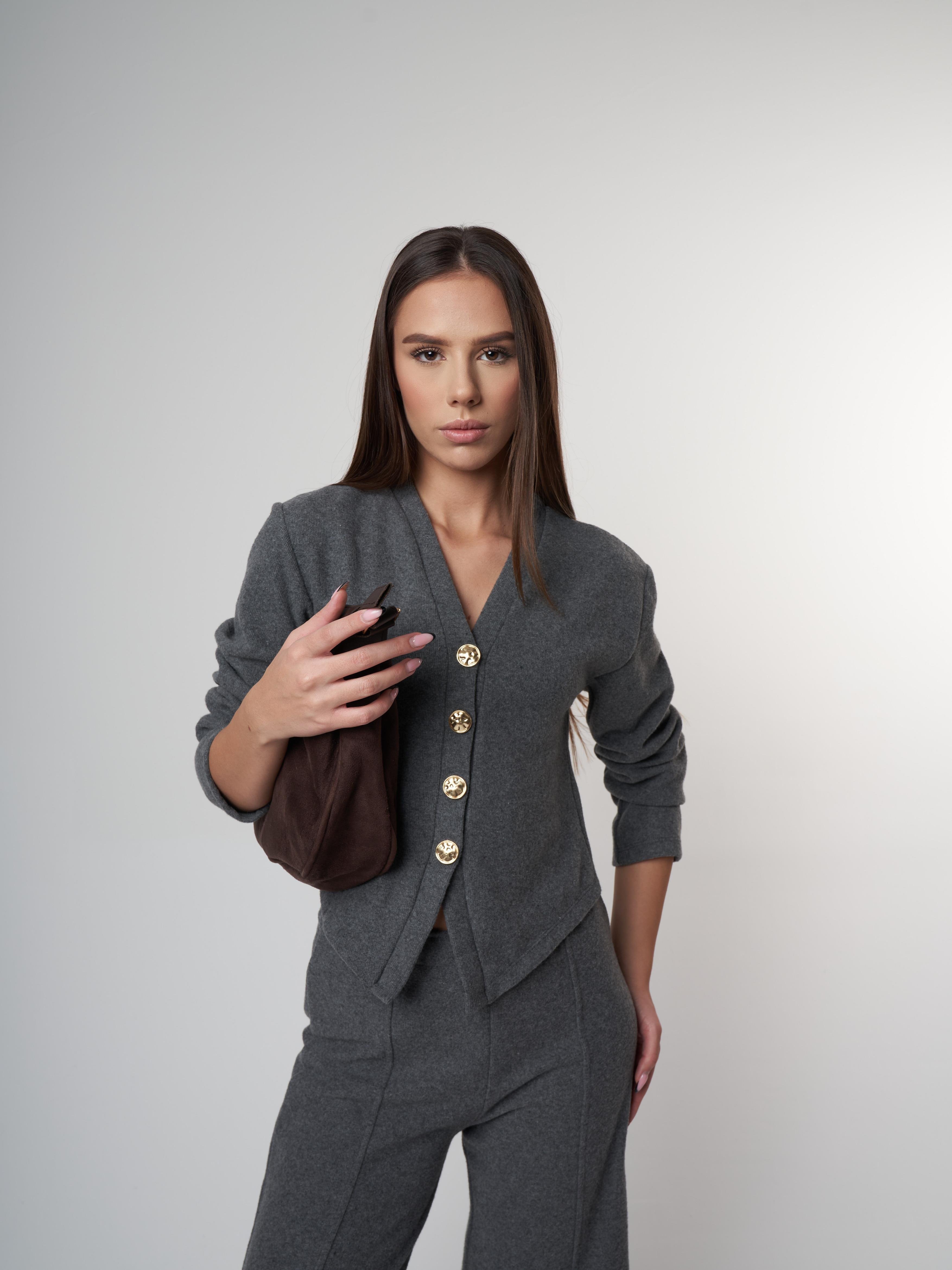 V Yaka Düğmeli Triko Kısa Hırka Antrasit Melanj