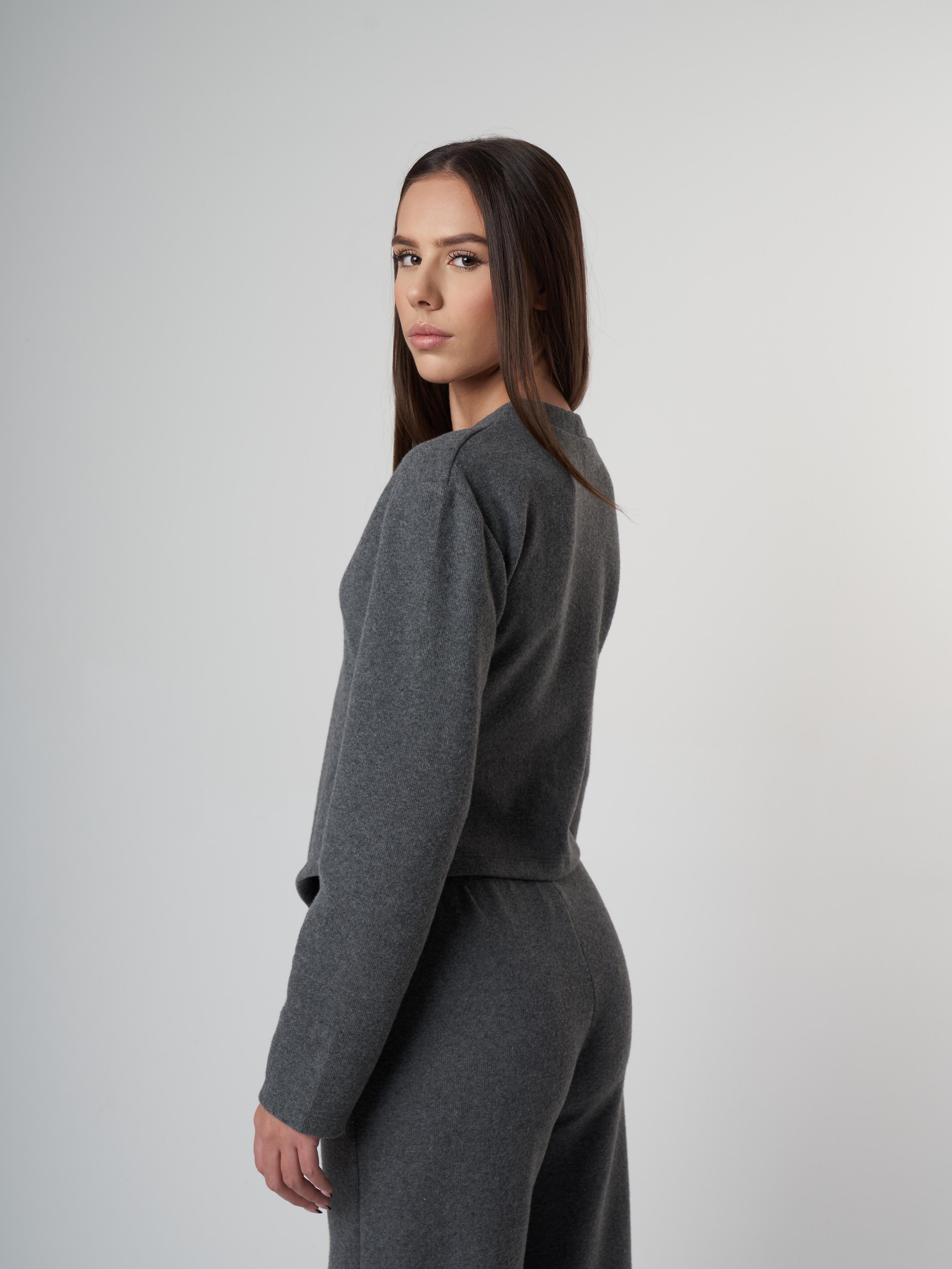 V Yaka Düğmeli Triko Kısa Hırka Antrasit Melanj