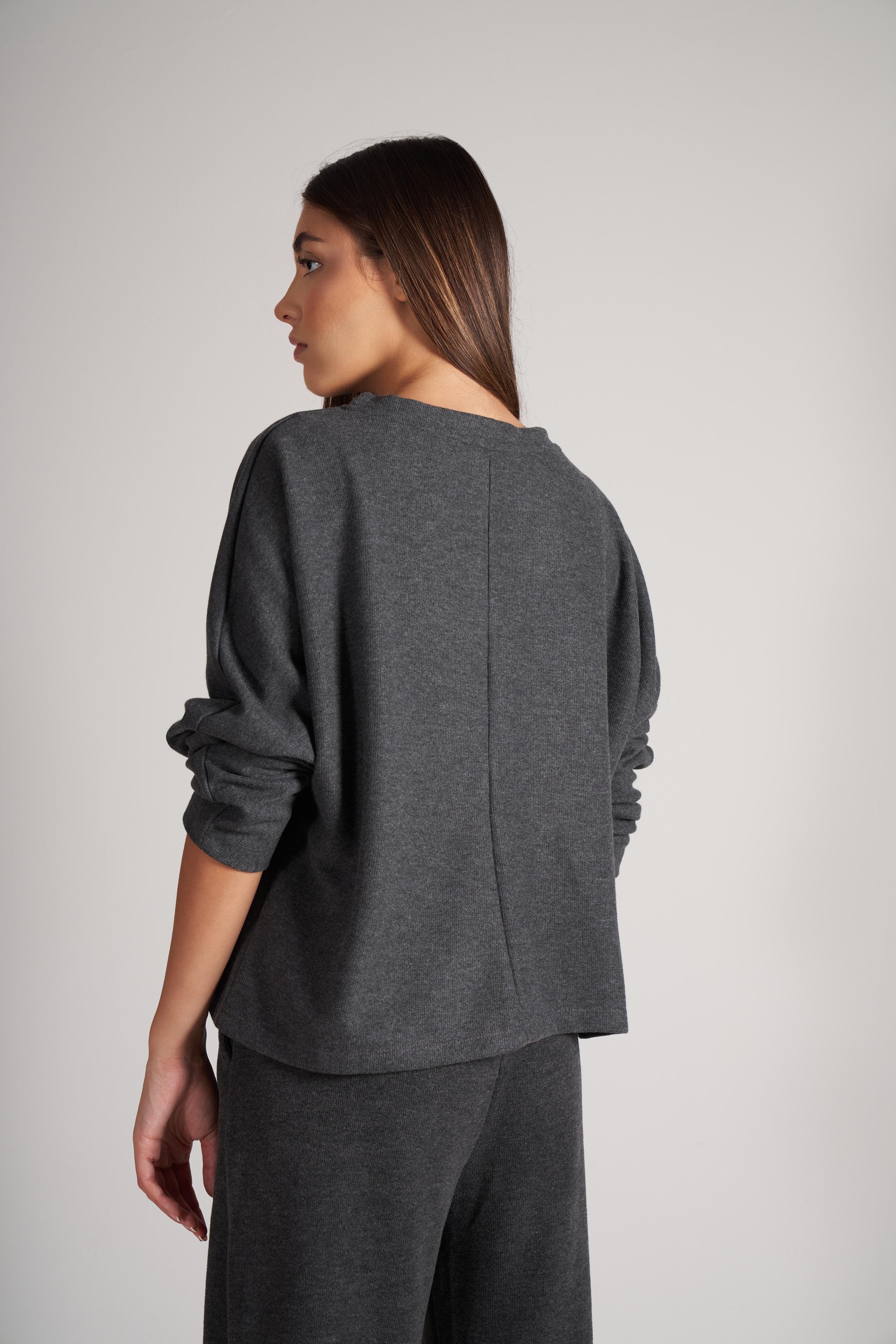V Yaka Triko Uzun Kol Bluz Antrasit Melanj