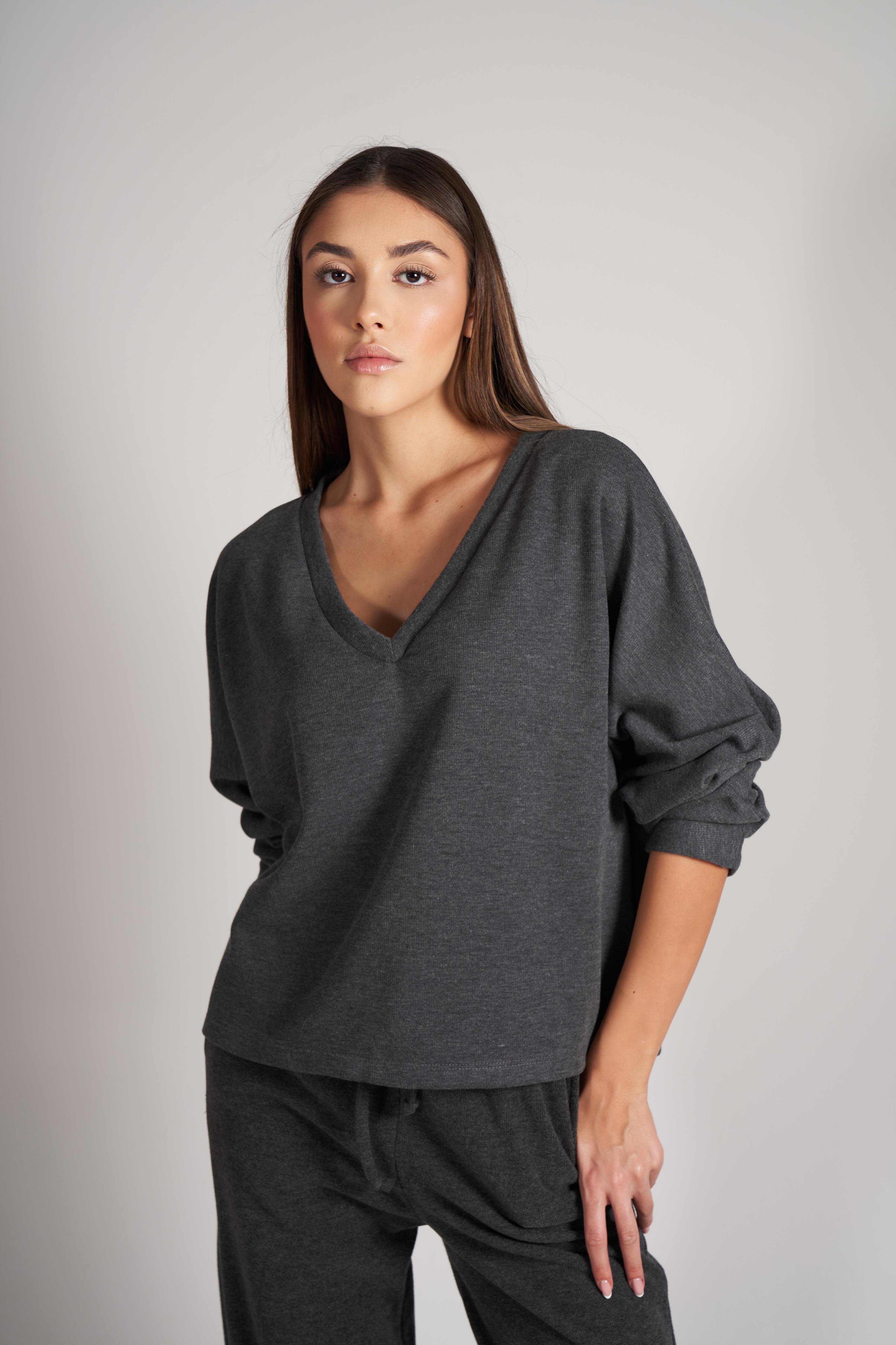 V Yaka Triko Uzun Kol Bluz Antrasit Melanj