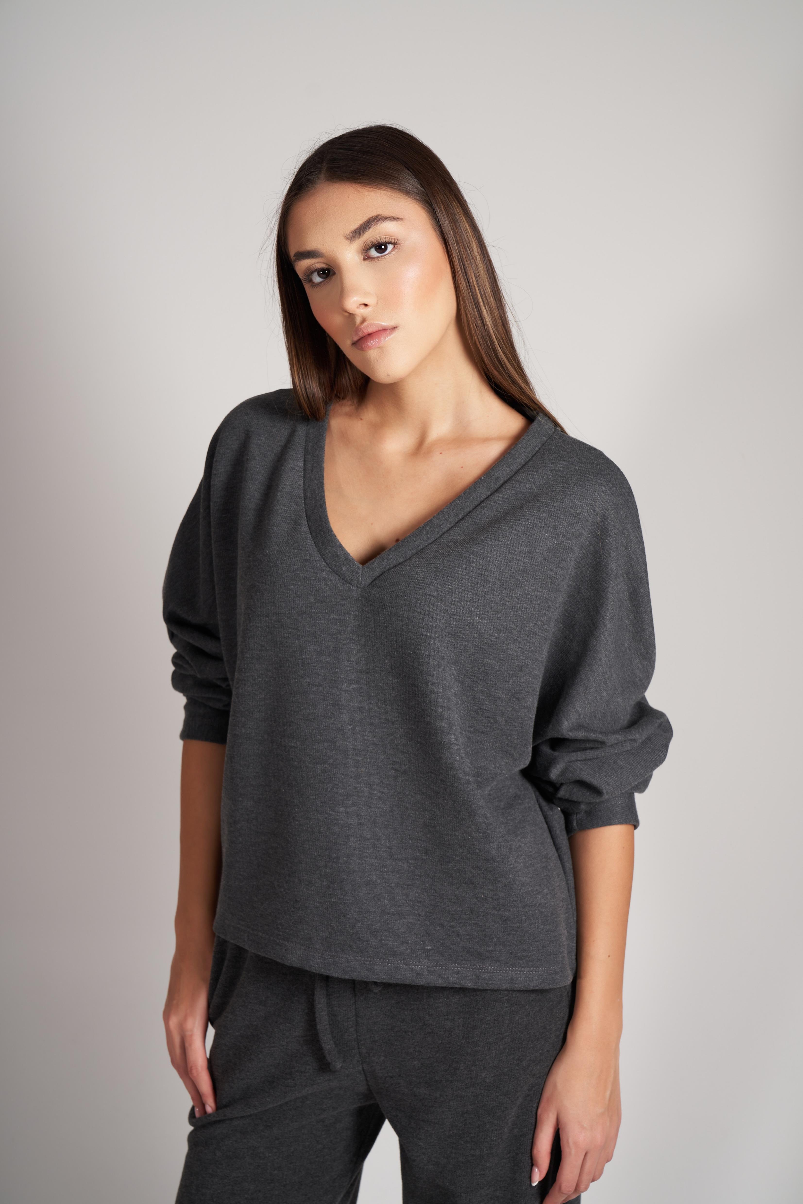 V Yaka Triko Uzun Kol Bluz Antrasit Melanj