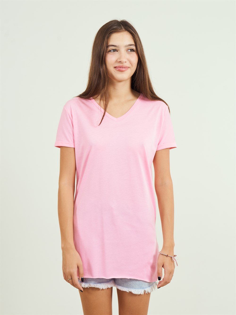 V Yaka Yan Yırtmaç Salaş Uzun T-shirt