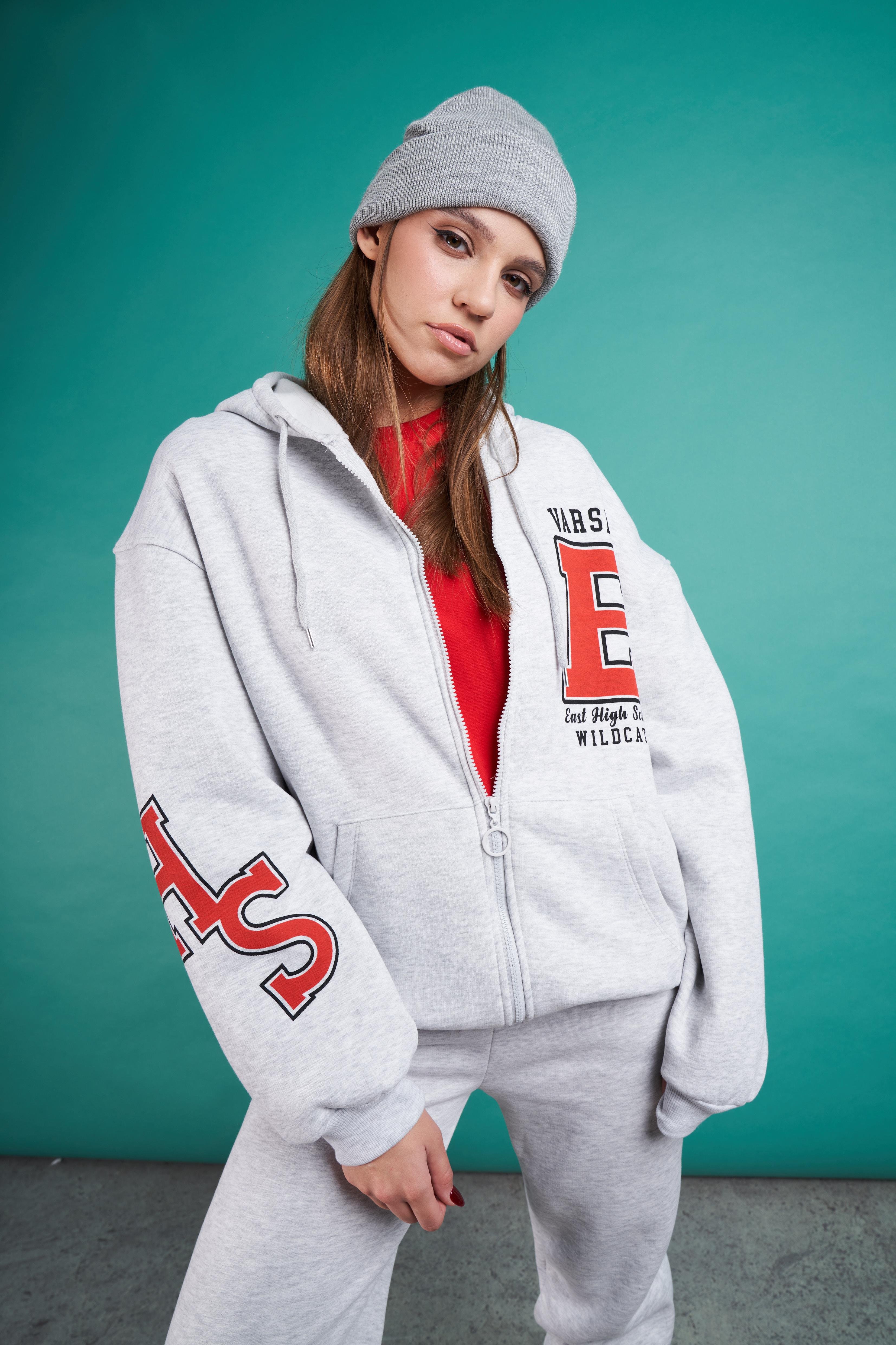 Varsity Baskılı Oversize Sweatshirt Ceket Karmelanj