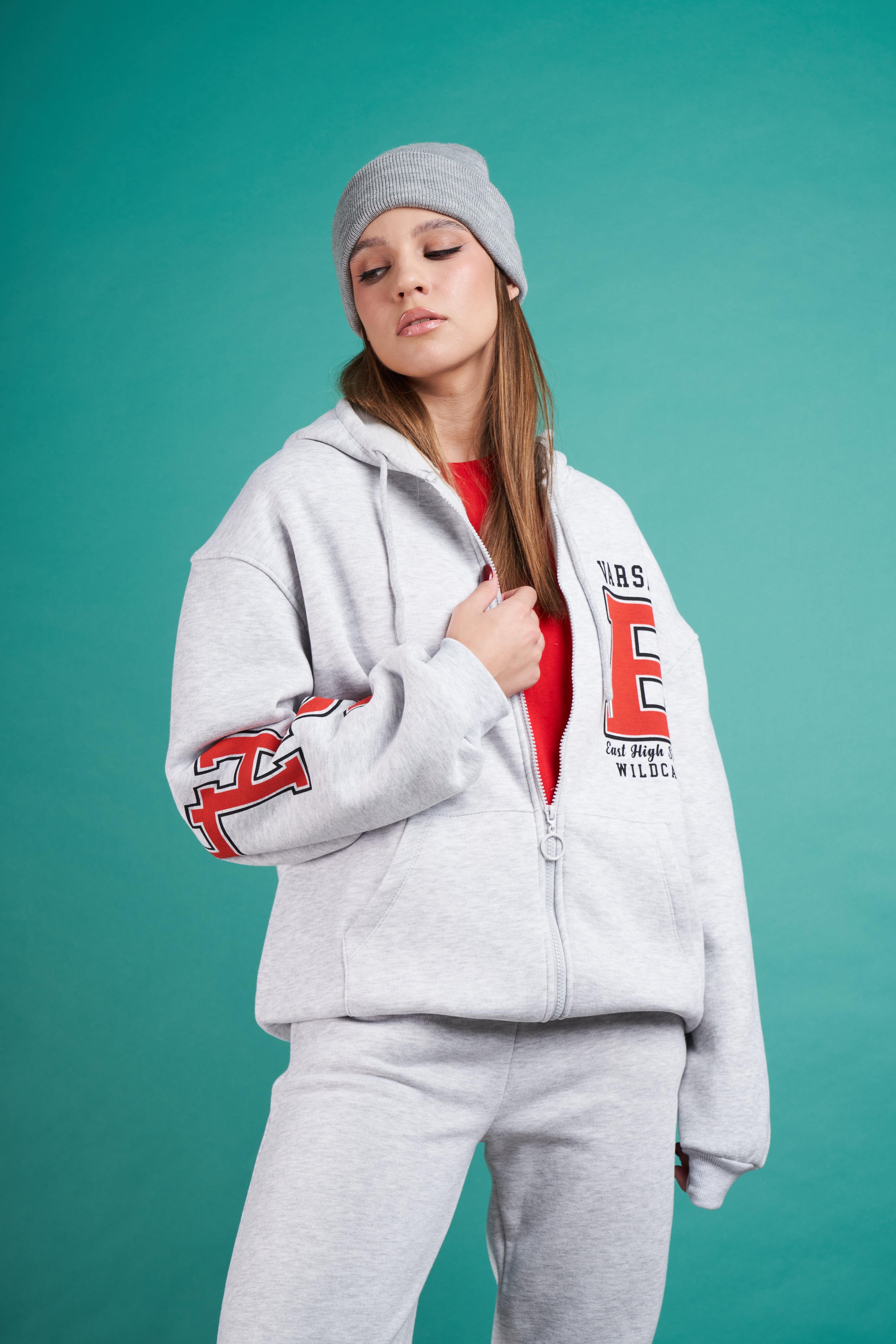Varsity Baskılı Oversize Sweatshirt Ceket Karmelanj