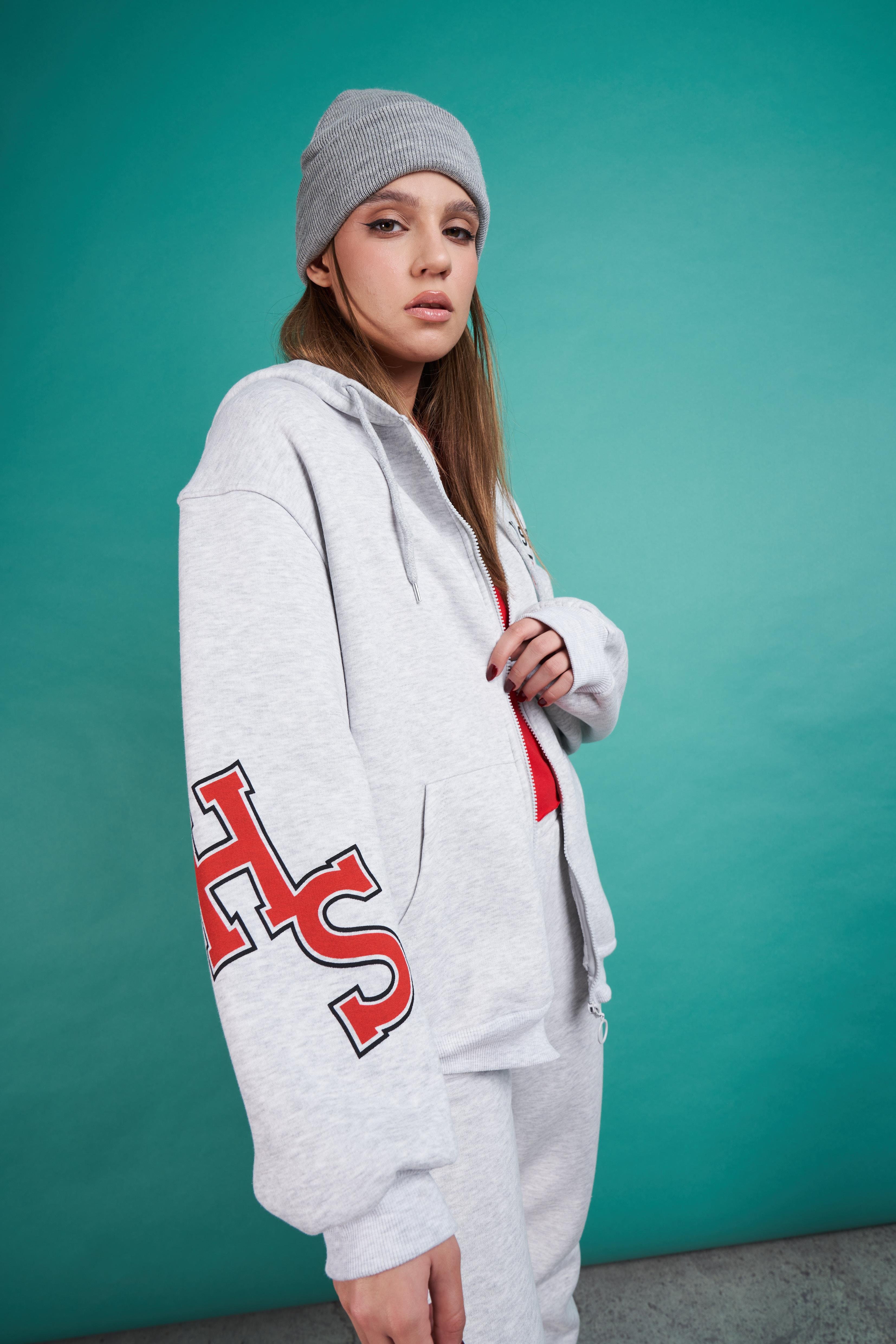 Varsity Baskılı Oversize Sweatshirt Ceket Karmelanj