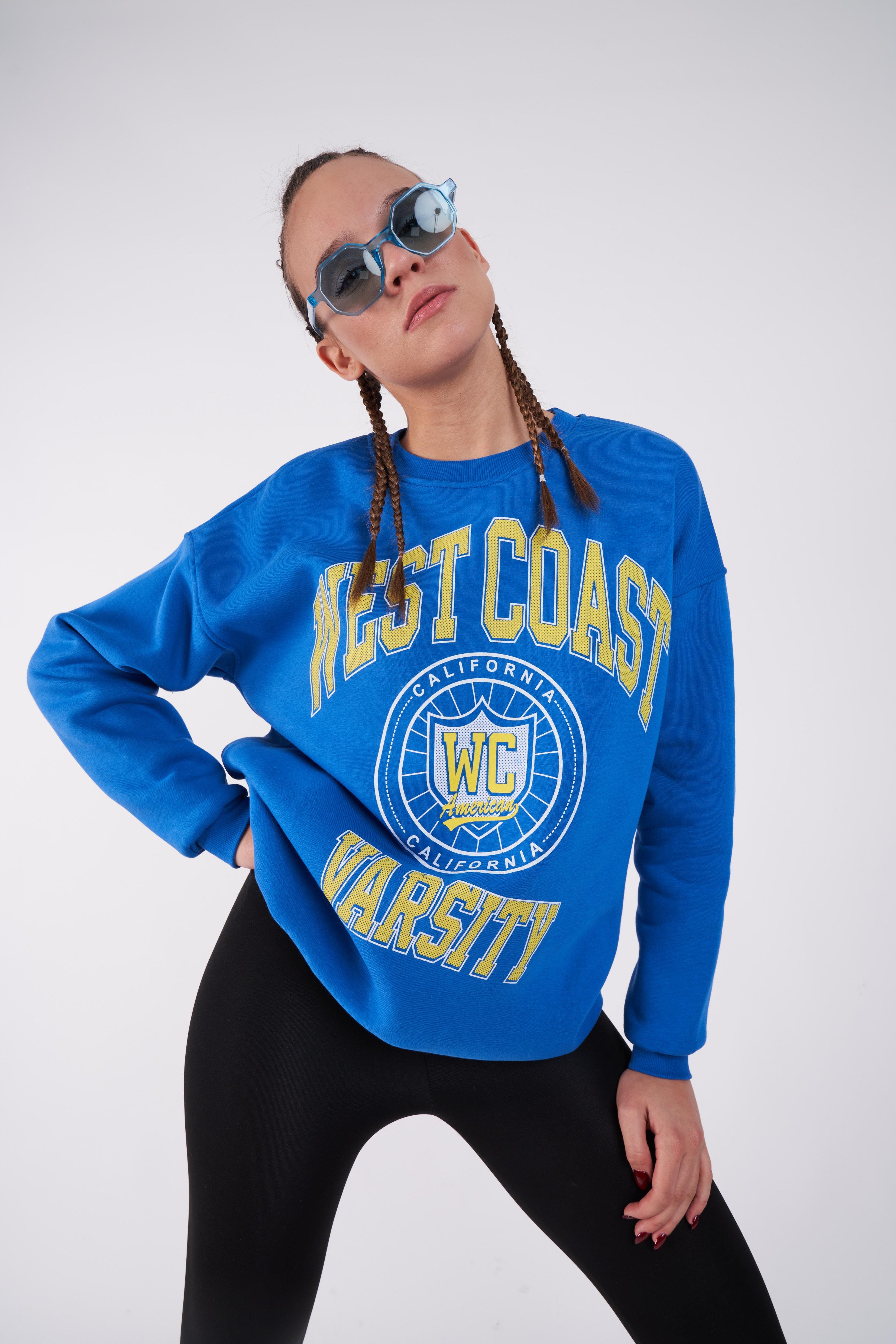 West Coast Baskılı Oversize Sweatshirt Sax