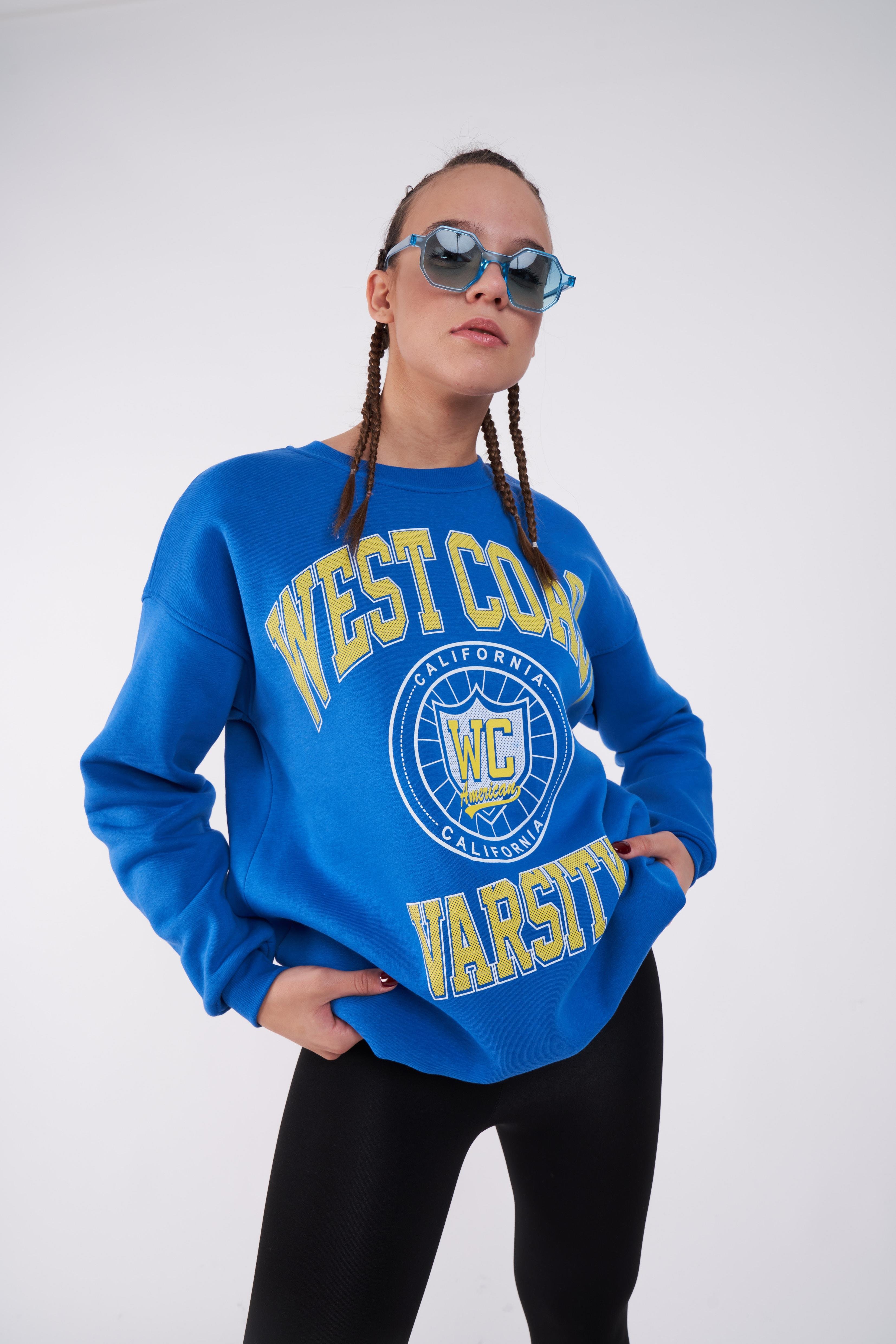 West Coast Baskılı Oversize Sweatshirt Sax