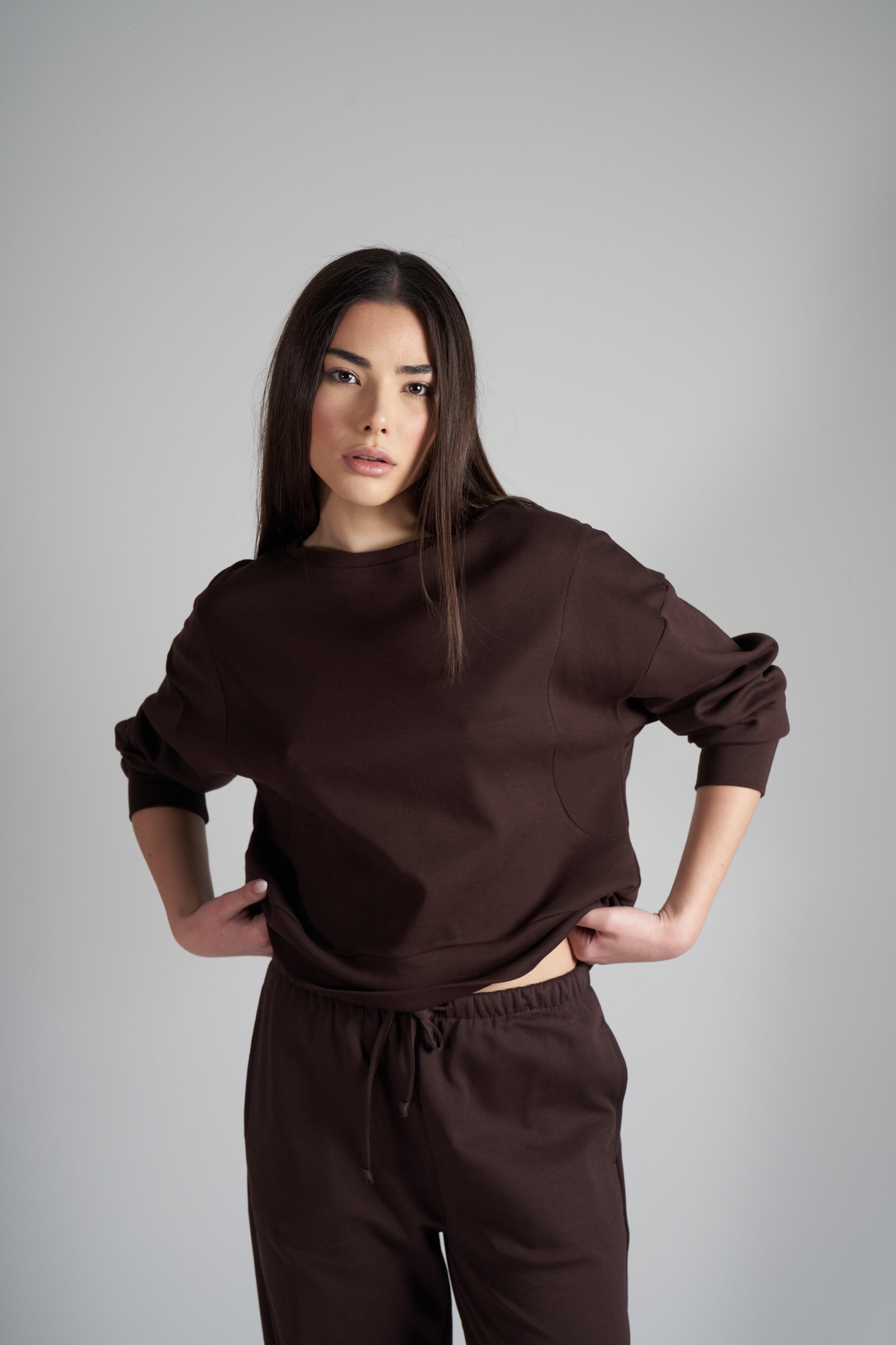 Yakalı Düşük Omuz İnterlok Sweatshirt Acı Kahve