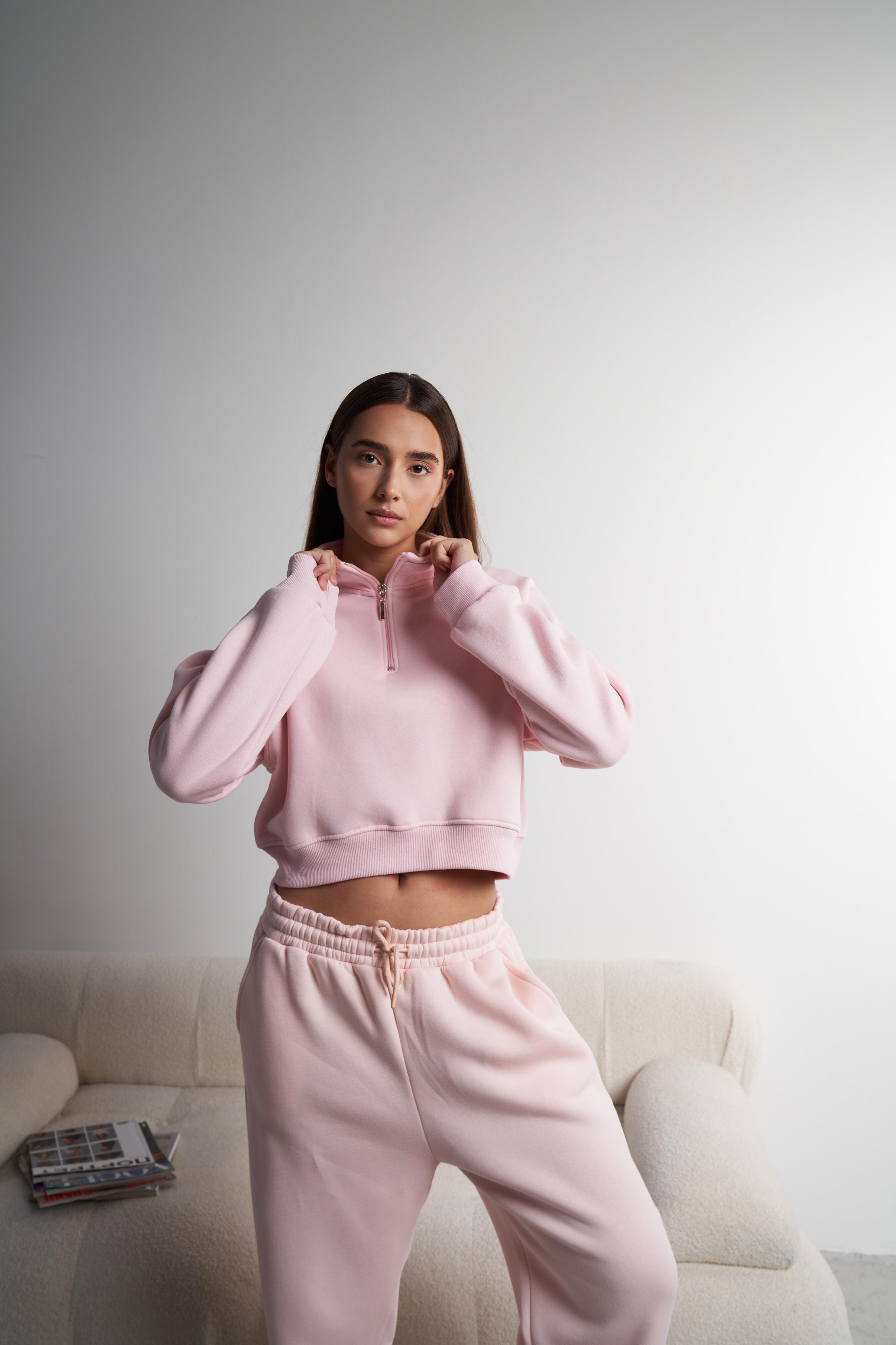 Yakalı Şardonlu Kısa Sweatshirt Pembe