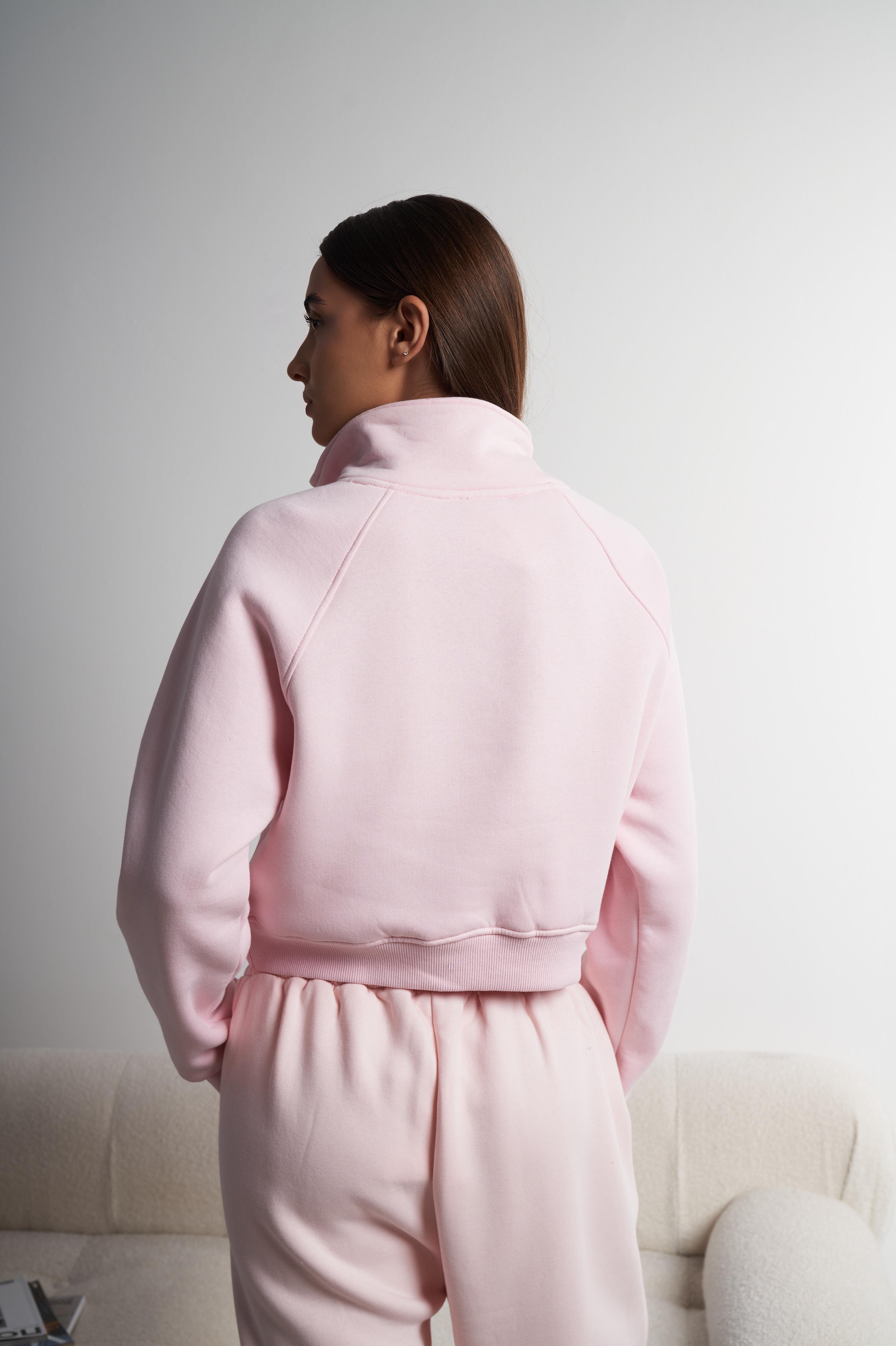 Yakalı Şardonlu Kısa Sweatshirt Pembe