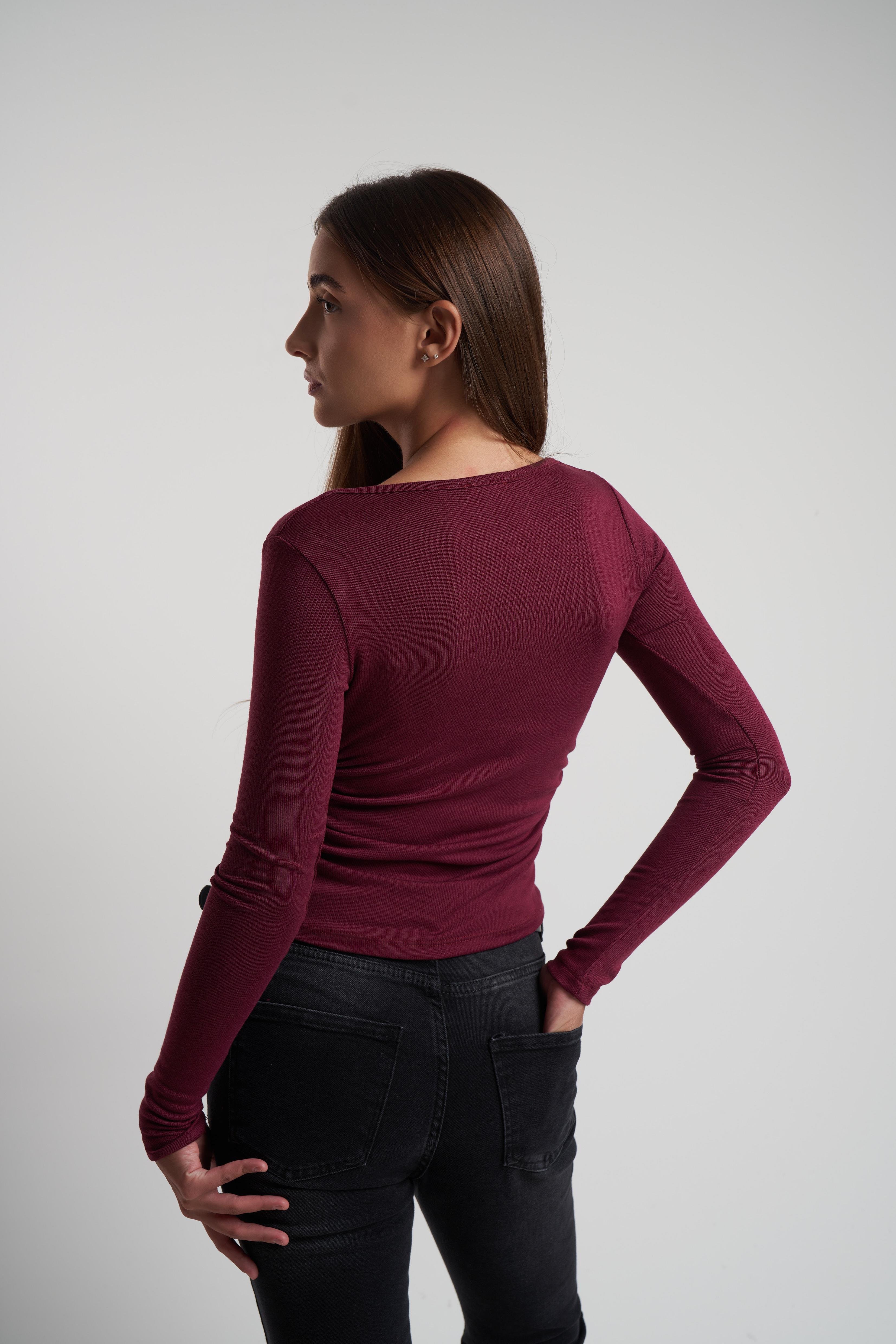 Yanlar Büzgülü Uzun Kol Bluz Bordo