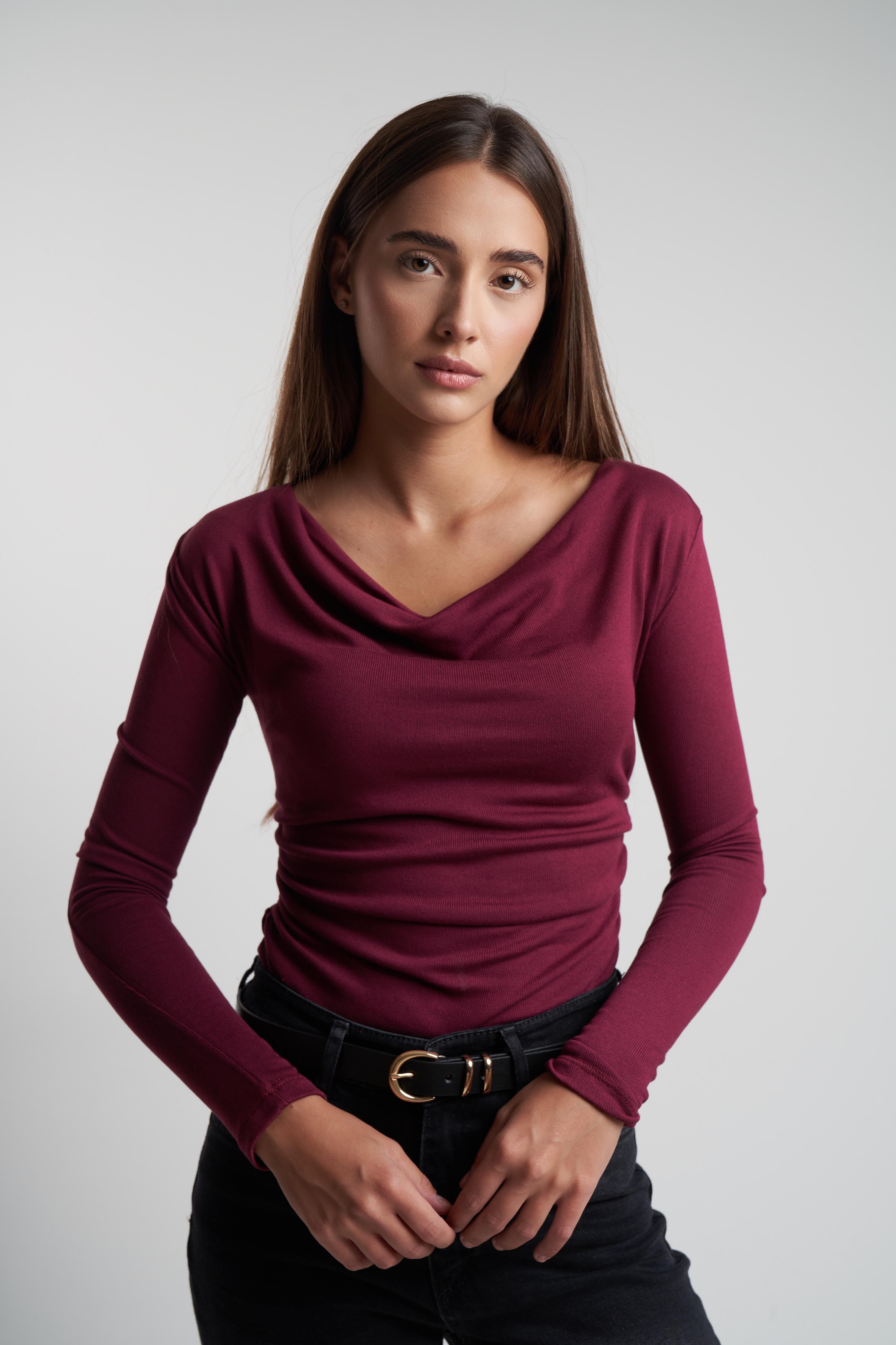 Yanlar Büzgülü Uzun Kol Bluz Bordo