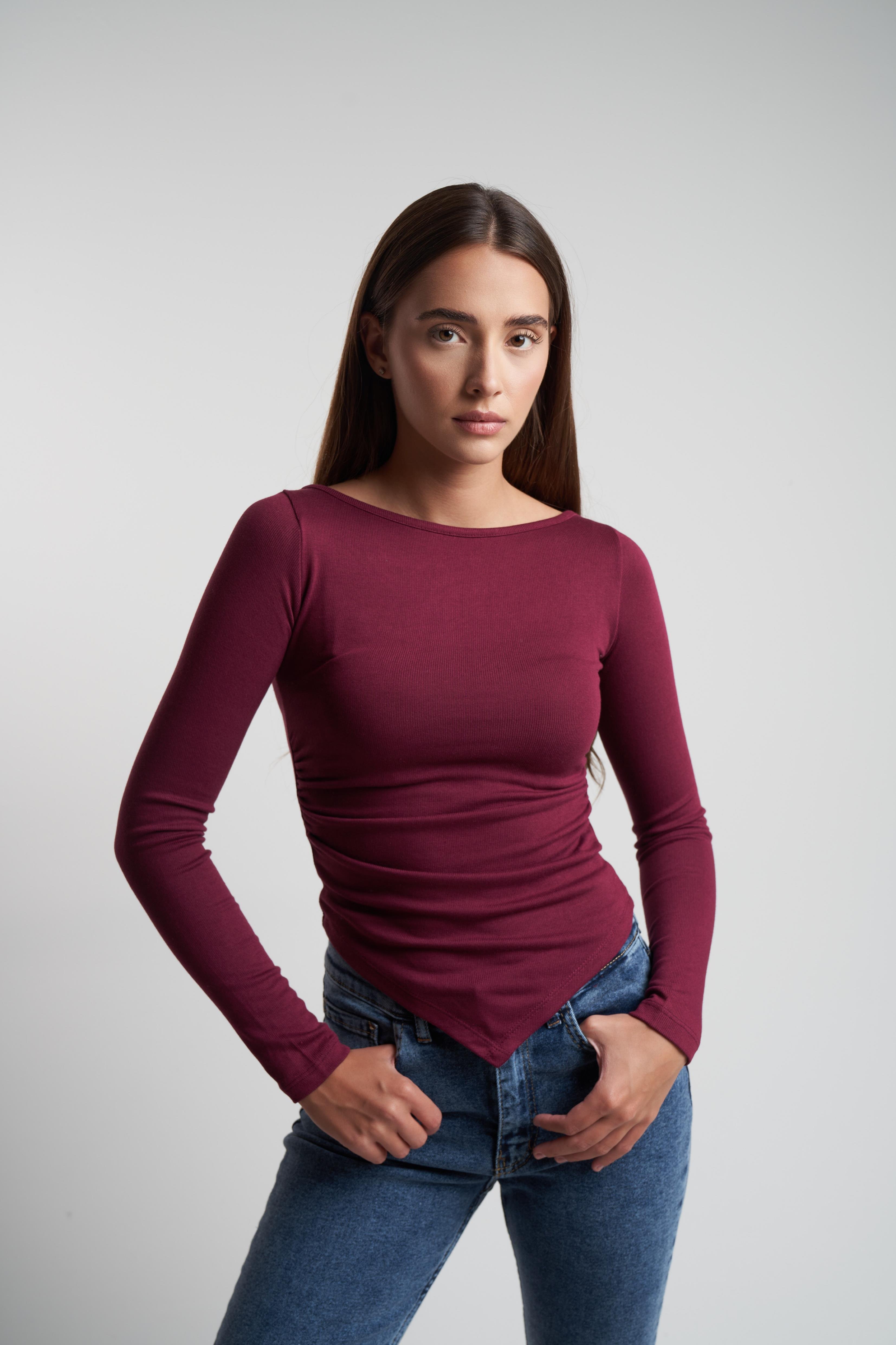 Yanlar Büzgülü Uzun Kol Bluz Bordo