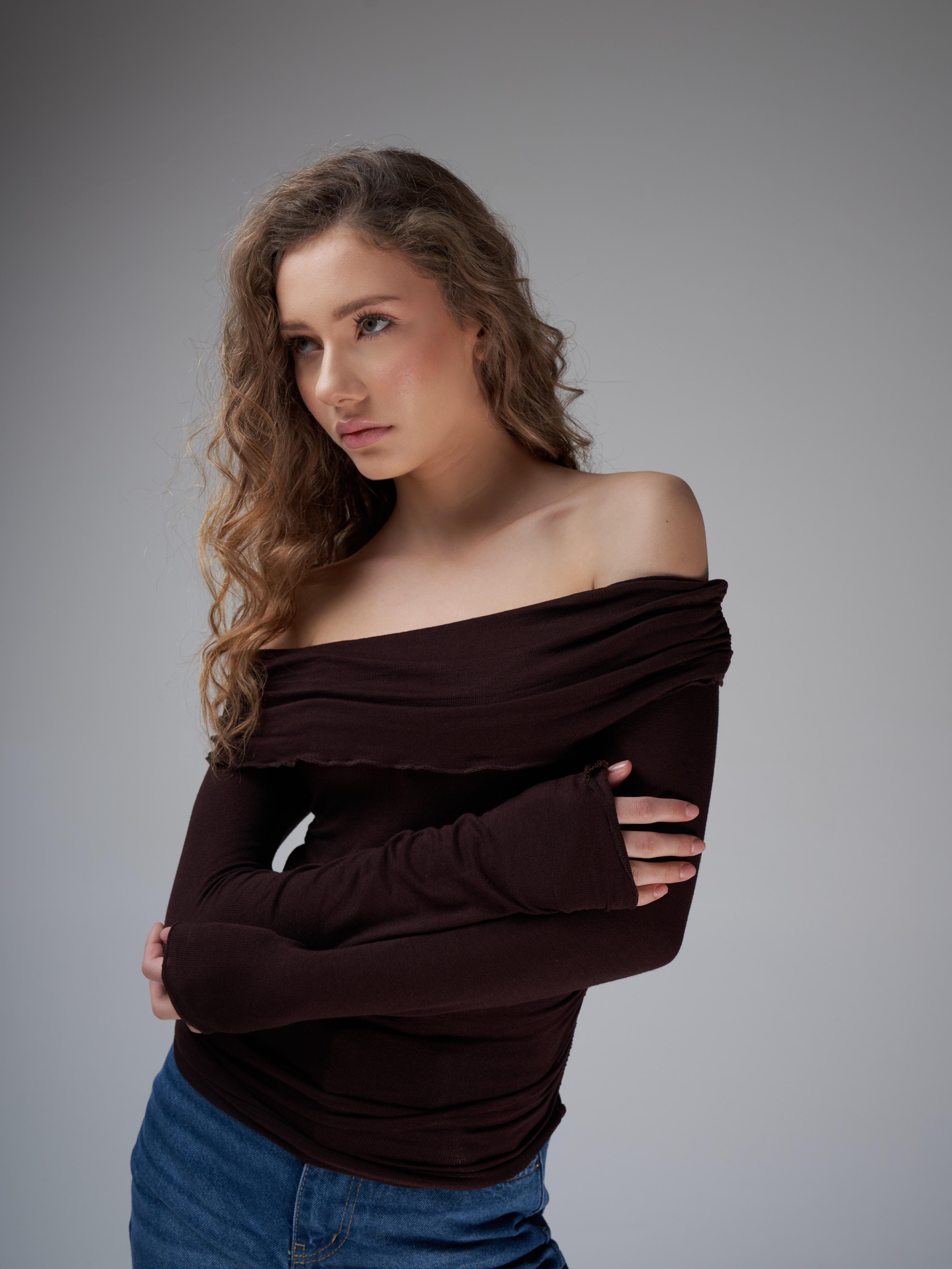 Yanlar Büzgülü Uzun Kol Kaşmir Bluz Kahve