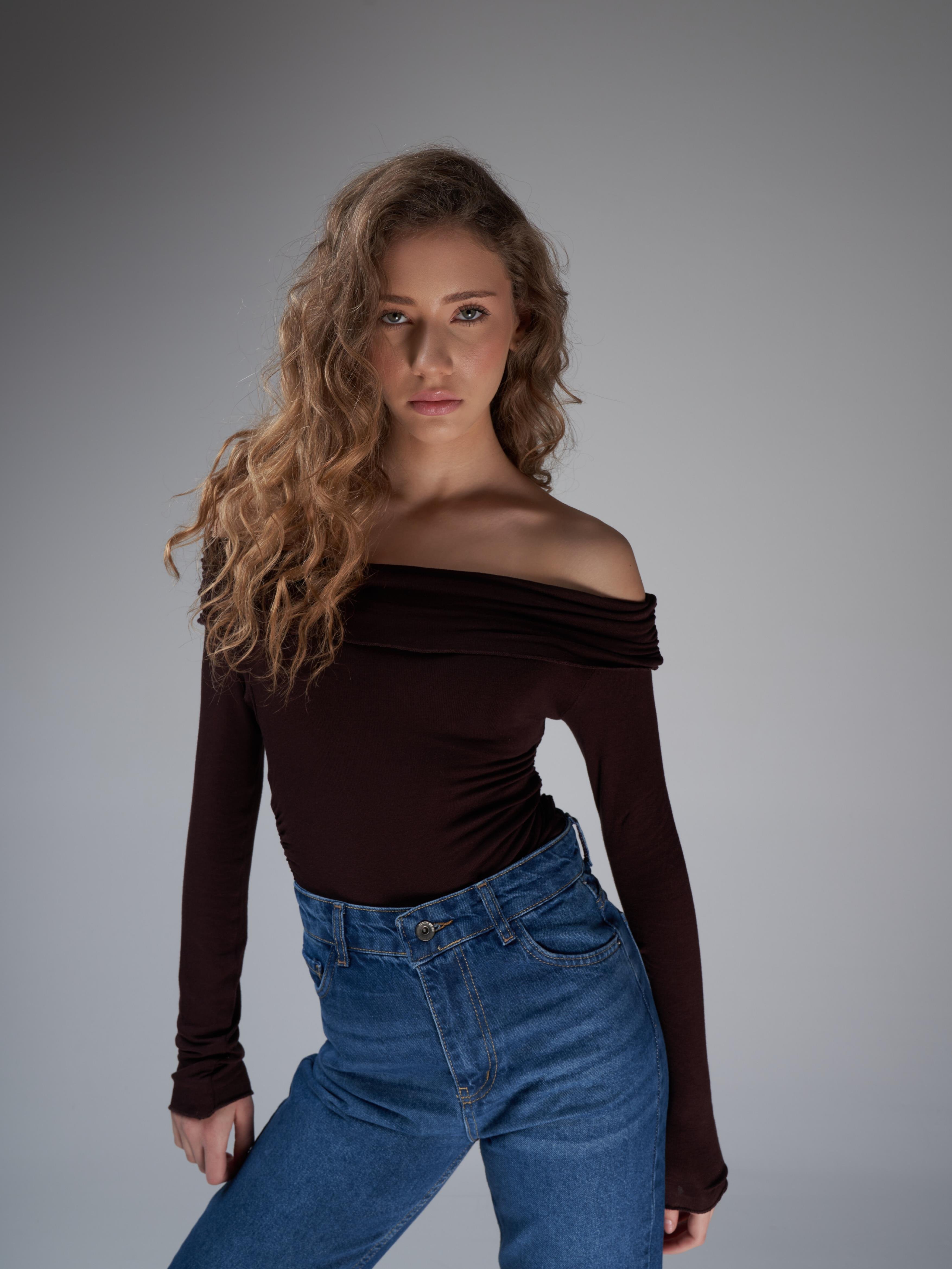 Yanlar Büzgülü Uzun Kol Kaşmir Bluz Kahve