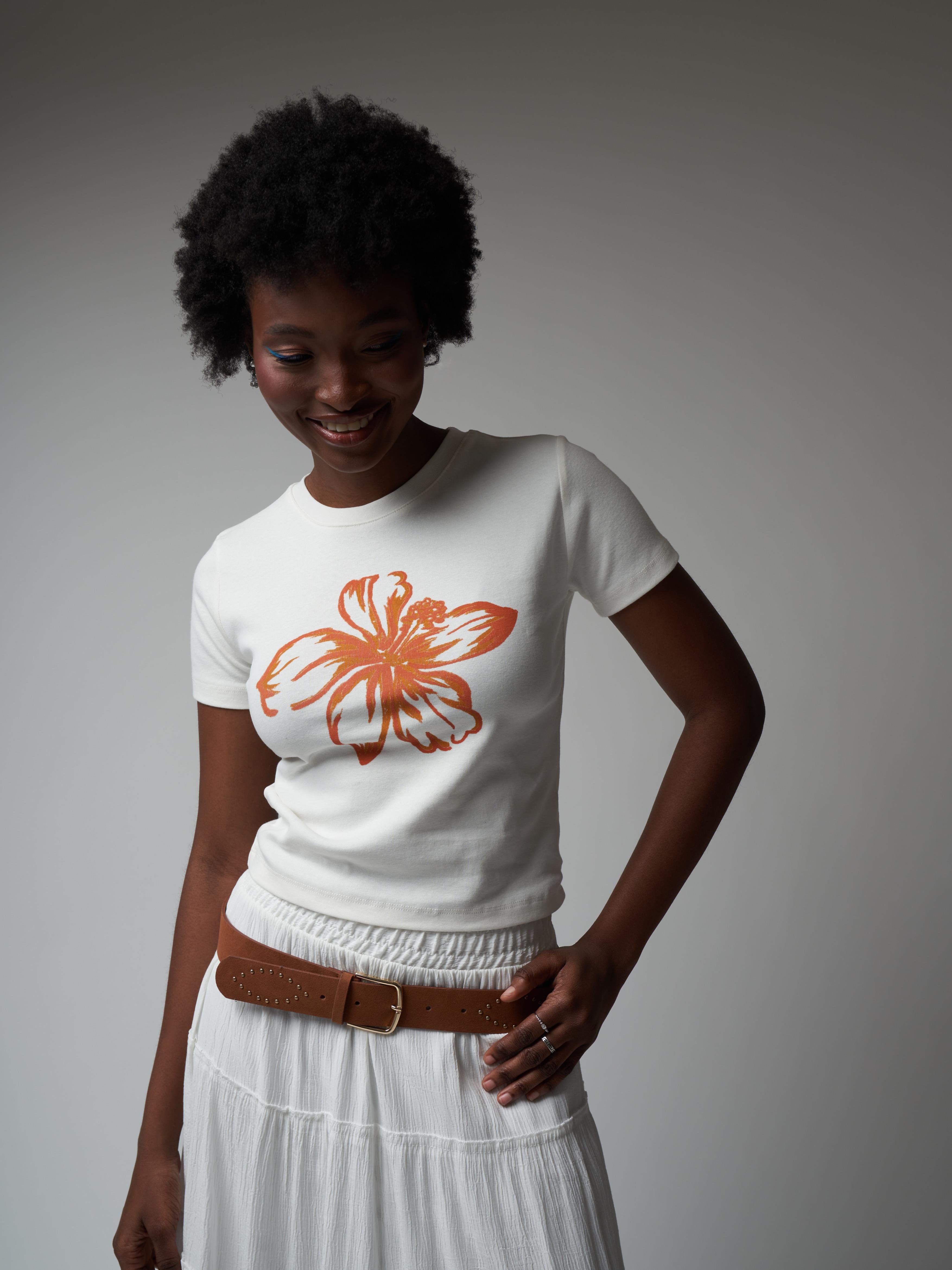 Yaprak Desenli Crop Bluz Ekru