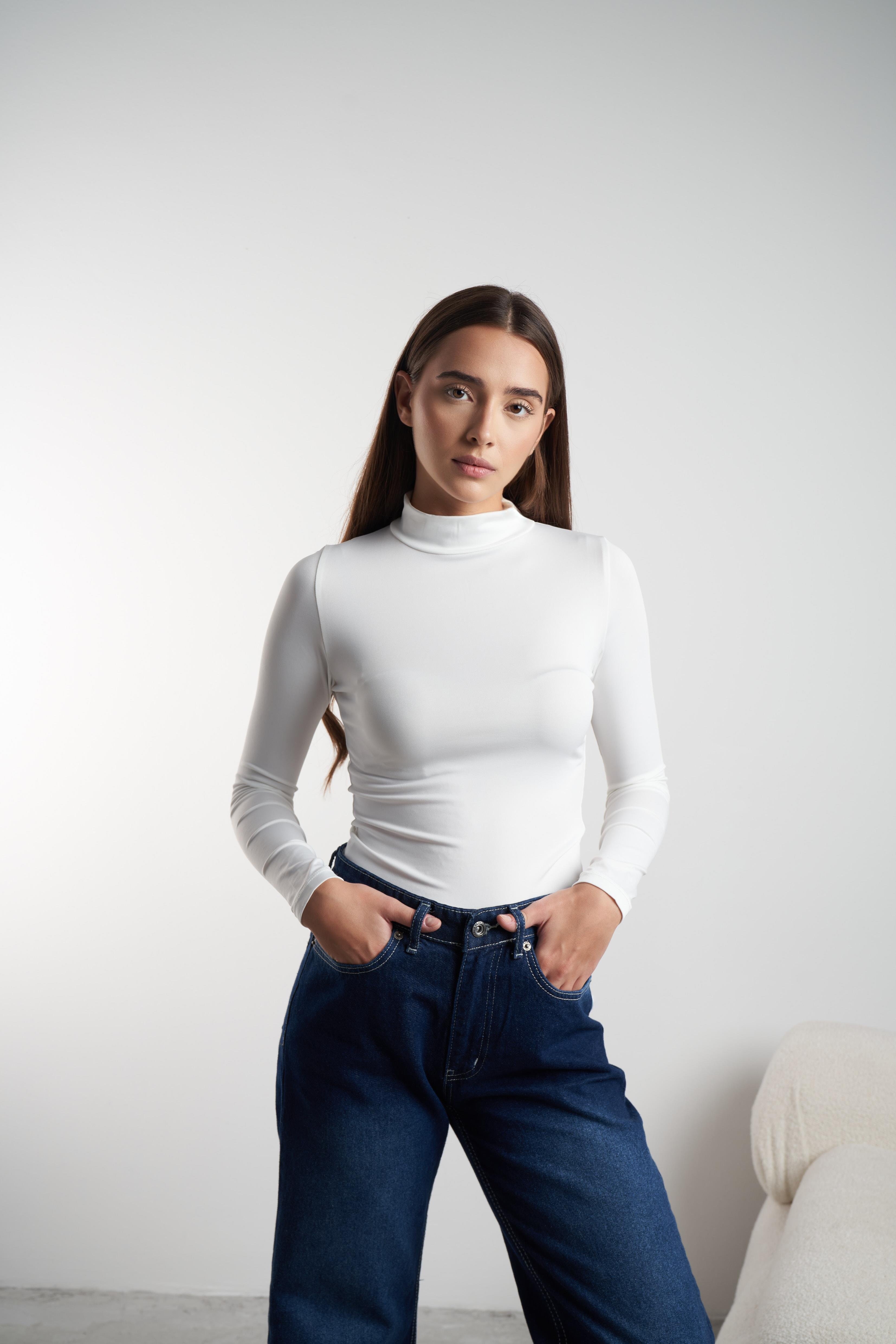 Yarım Balıkçı Basic Uzun Kol Bluz Ekru