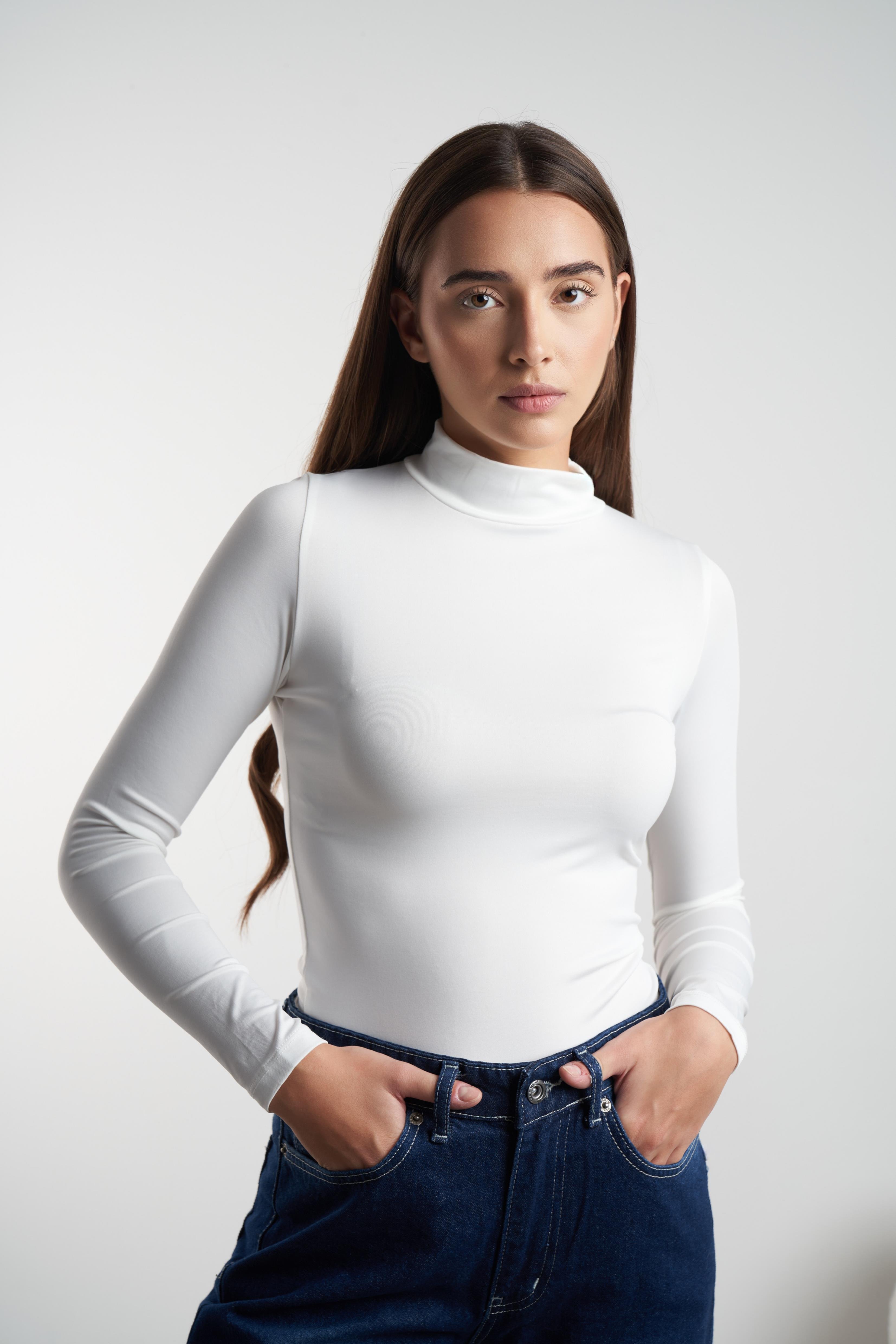 Yarım Balıkçı Basic Uzun Kol Bluz Ekru