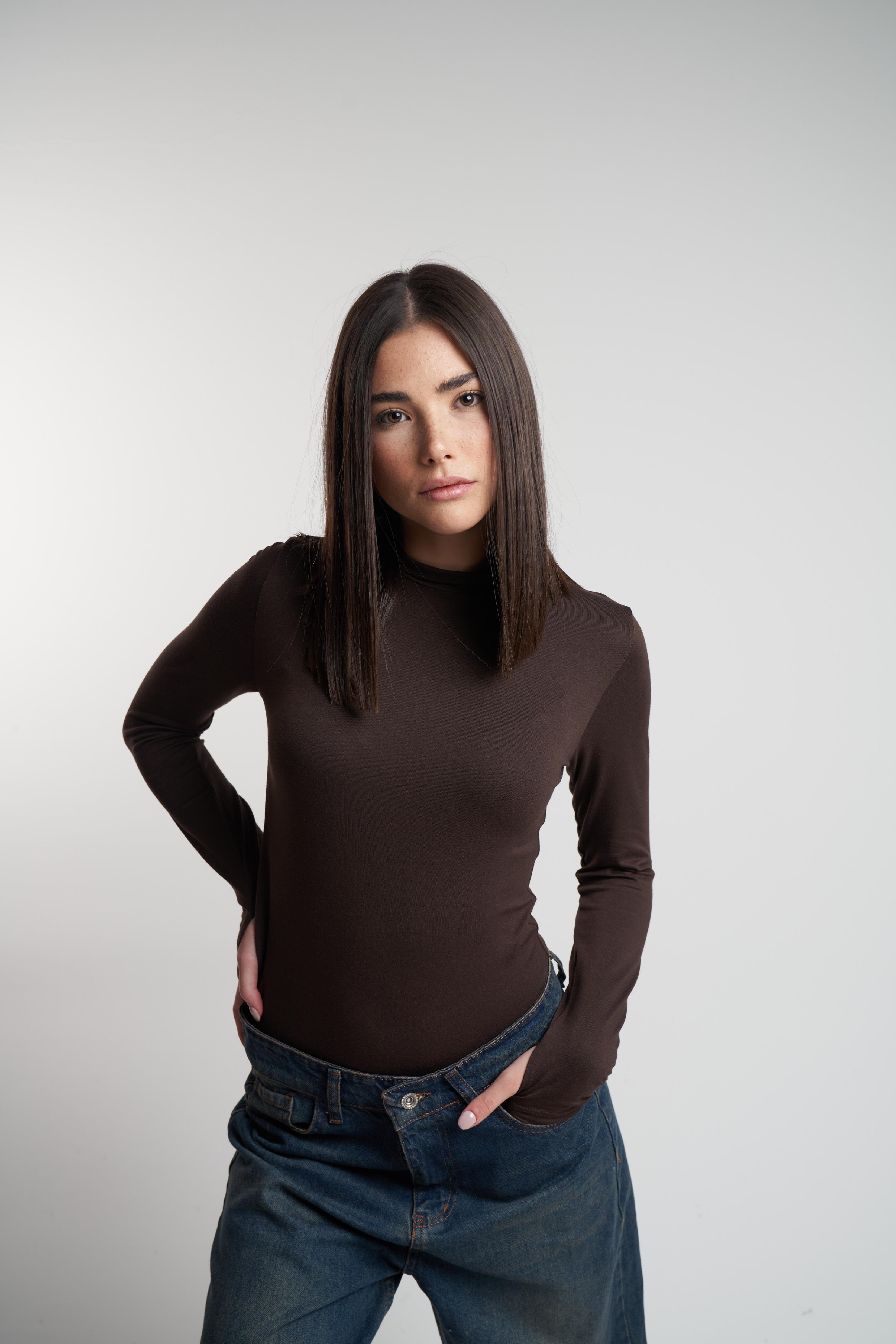 Yarım Balıkçı Basic Uzun Kol Bluz Kahve