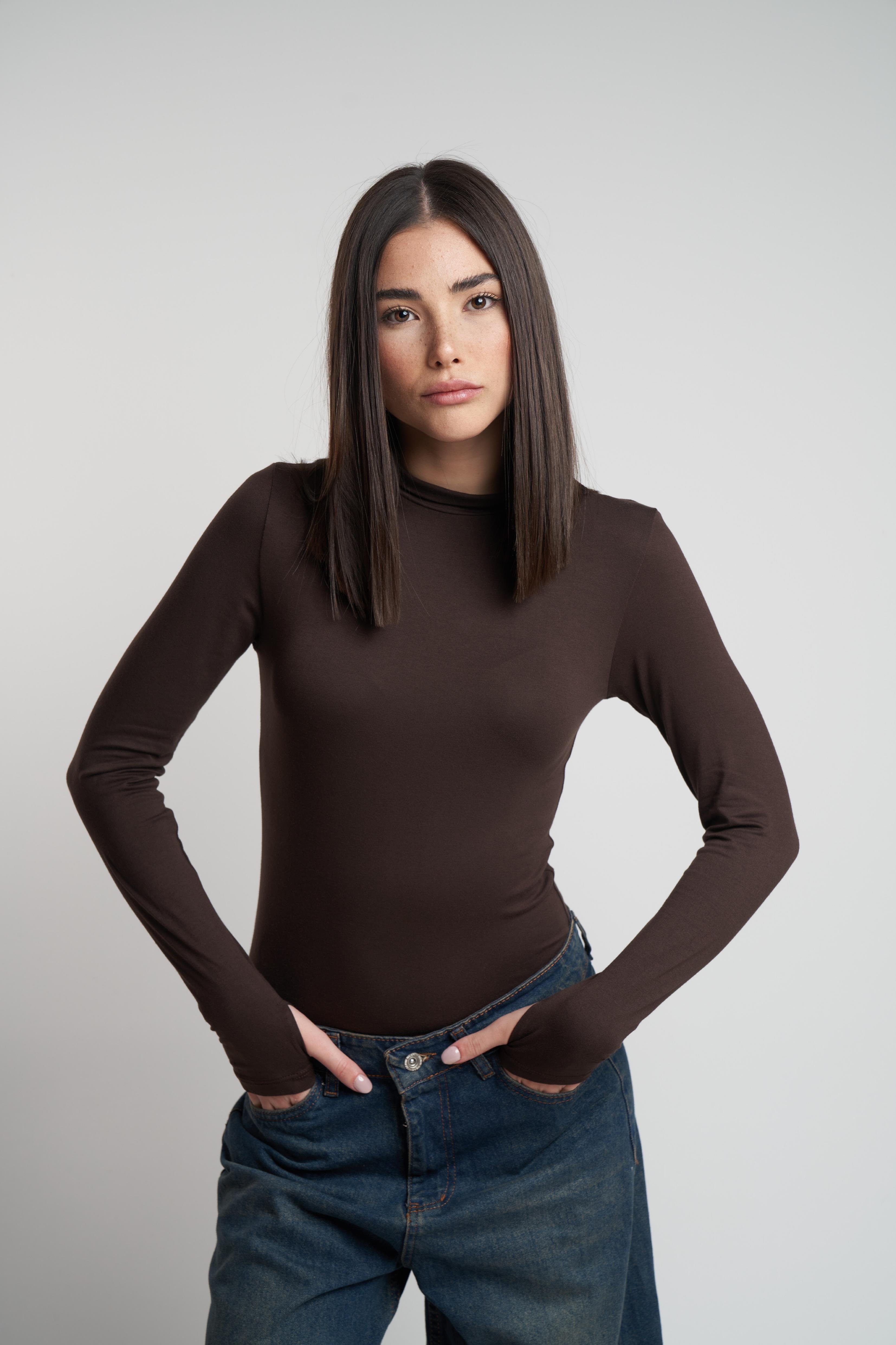 Yarım Balıkçı Basic Uzun Kol Bluz Kahve