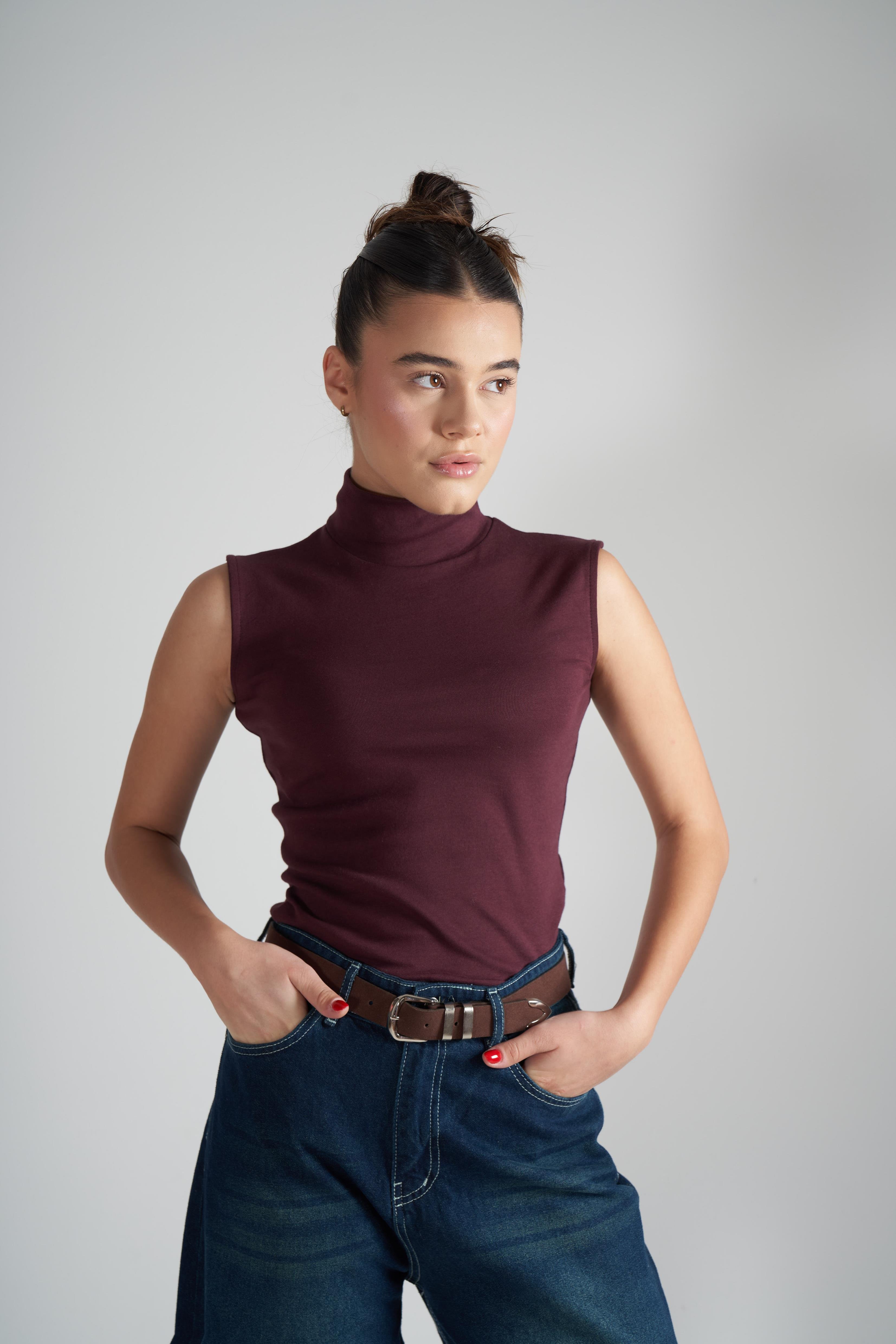 Yarım Balıkçı Sıfır Kol Basic Bluz Mürdüm