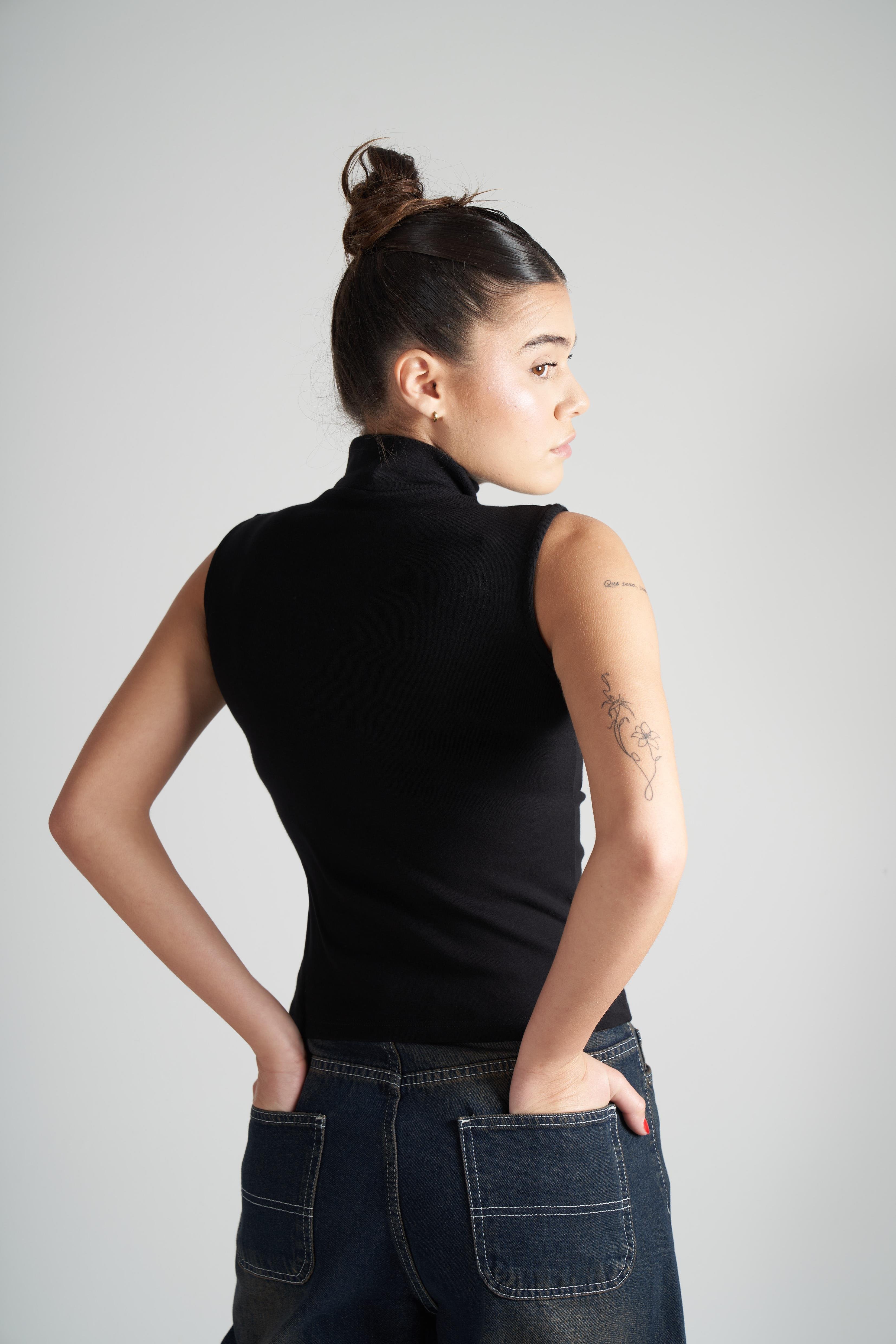 Yarım Balıkçı Sıfır Kol Basic Bluz Siyah