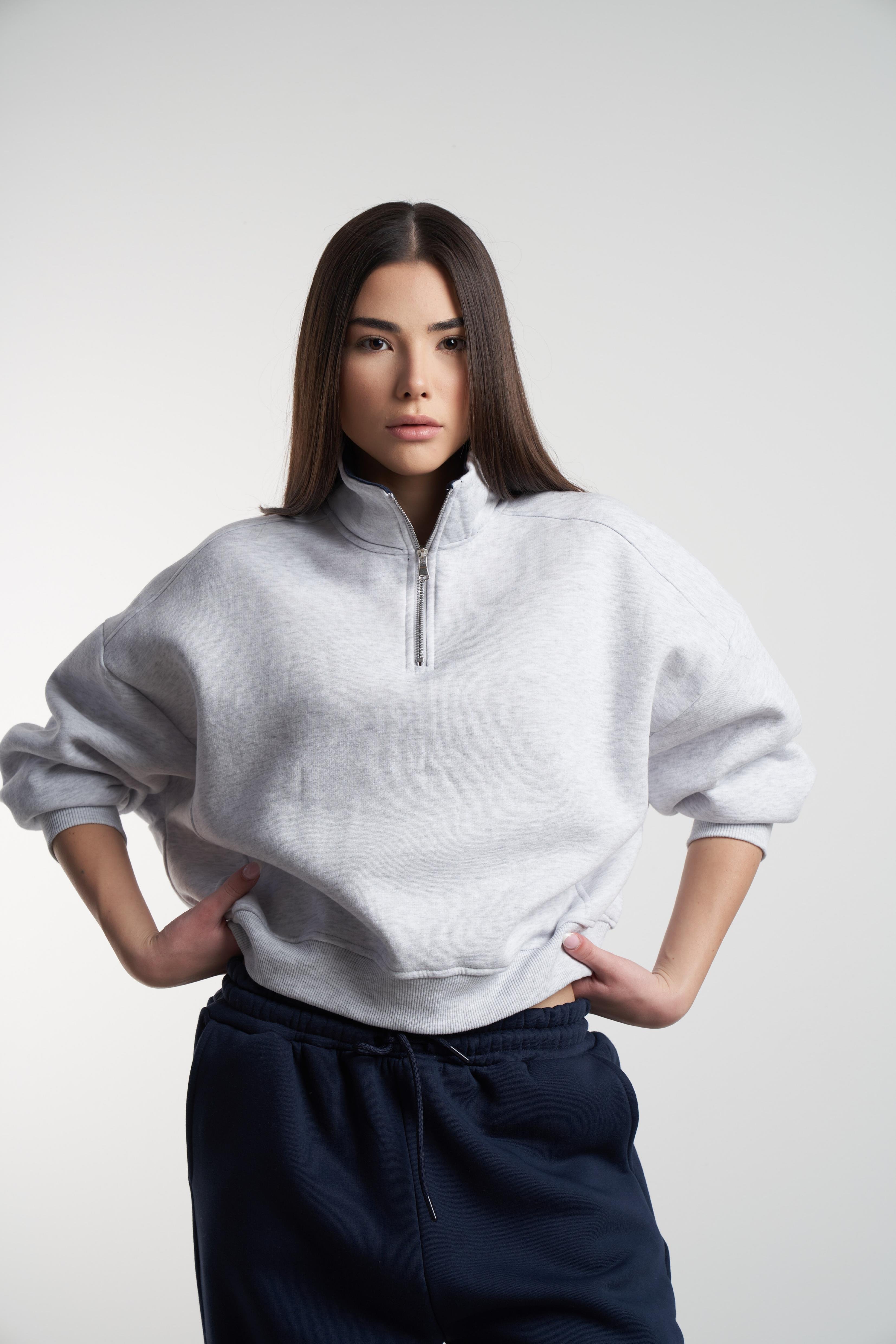 Yarım Fermuar Kısa Sweatshirt Karmelanj