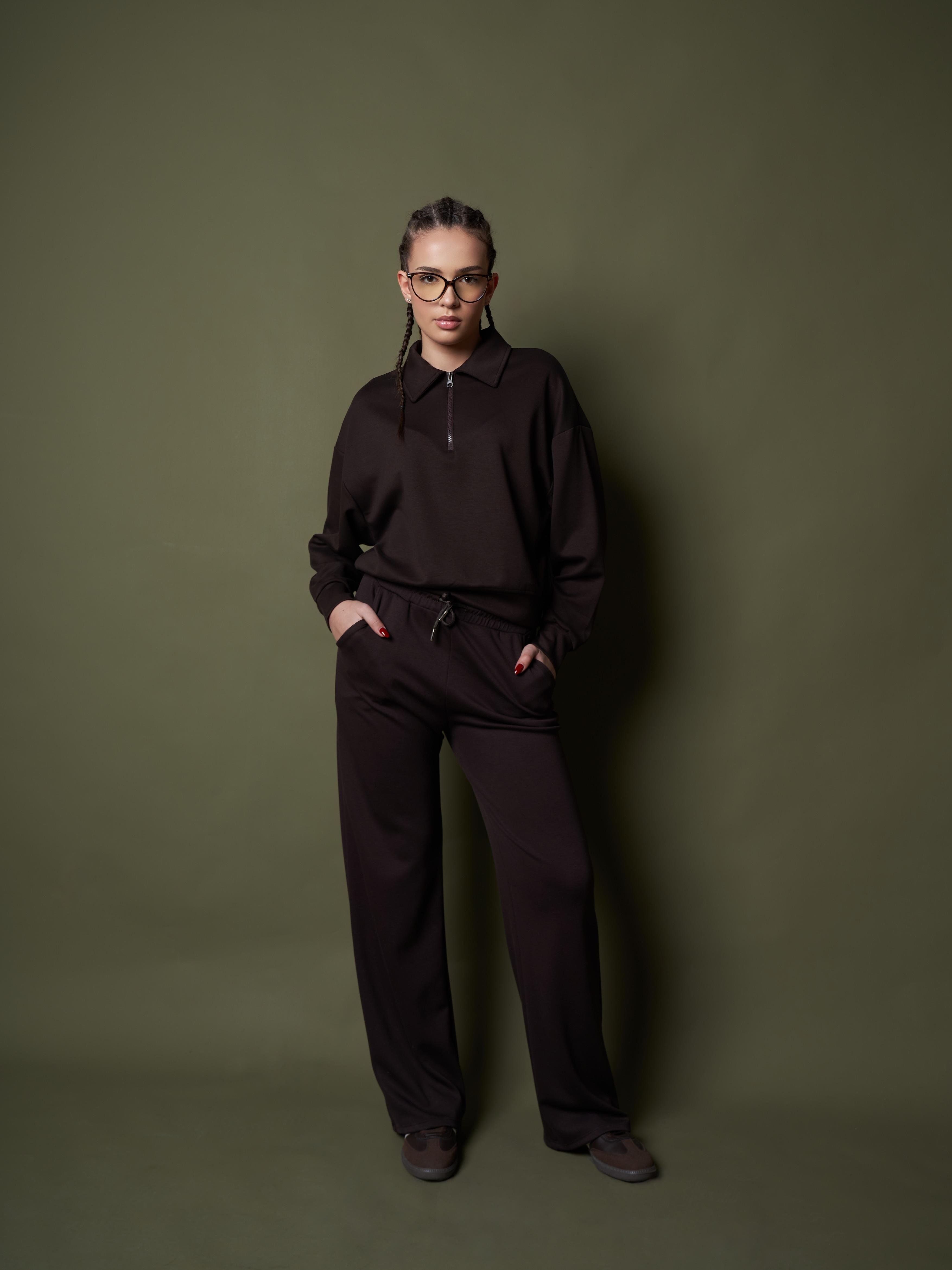 Yarım Fermuar Modal Kısa Sweatshirt Kahve