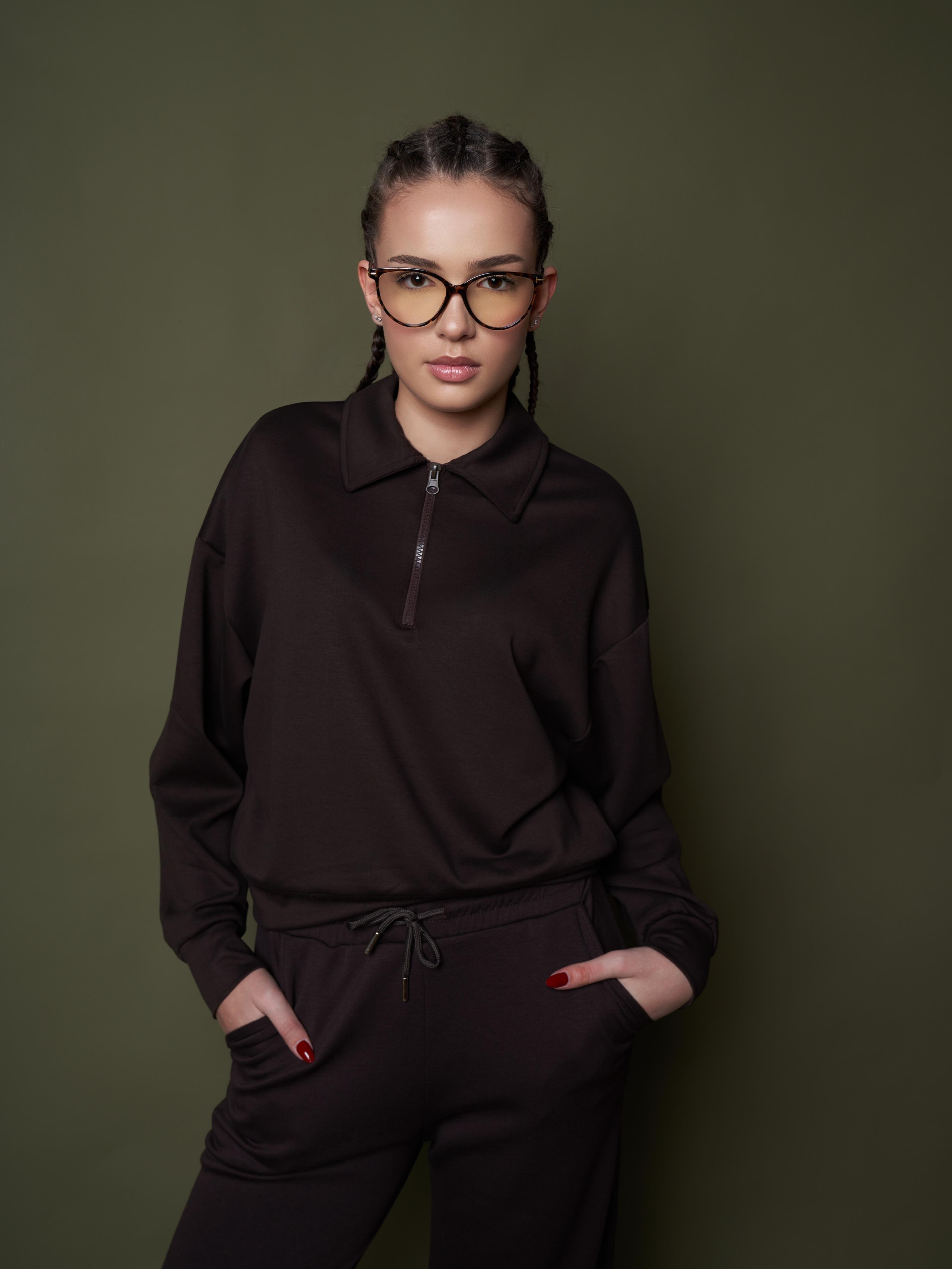 Yarım Fermuar Modal Kısa Sweatshirt Kahve