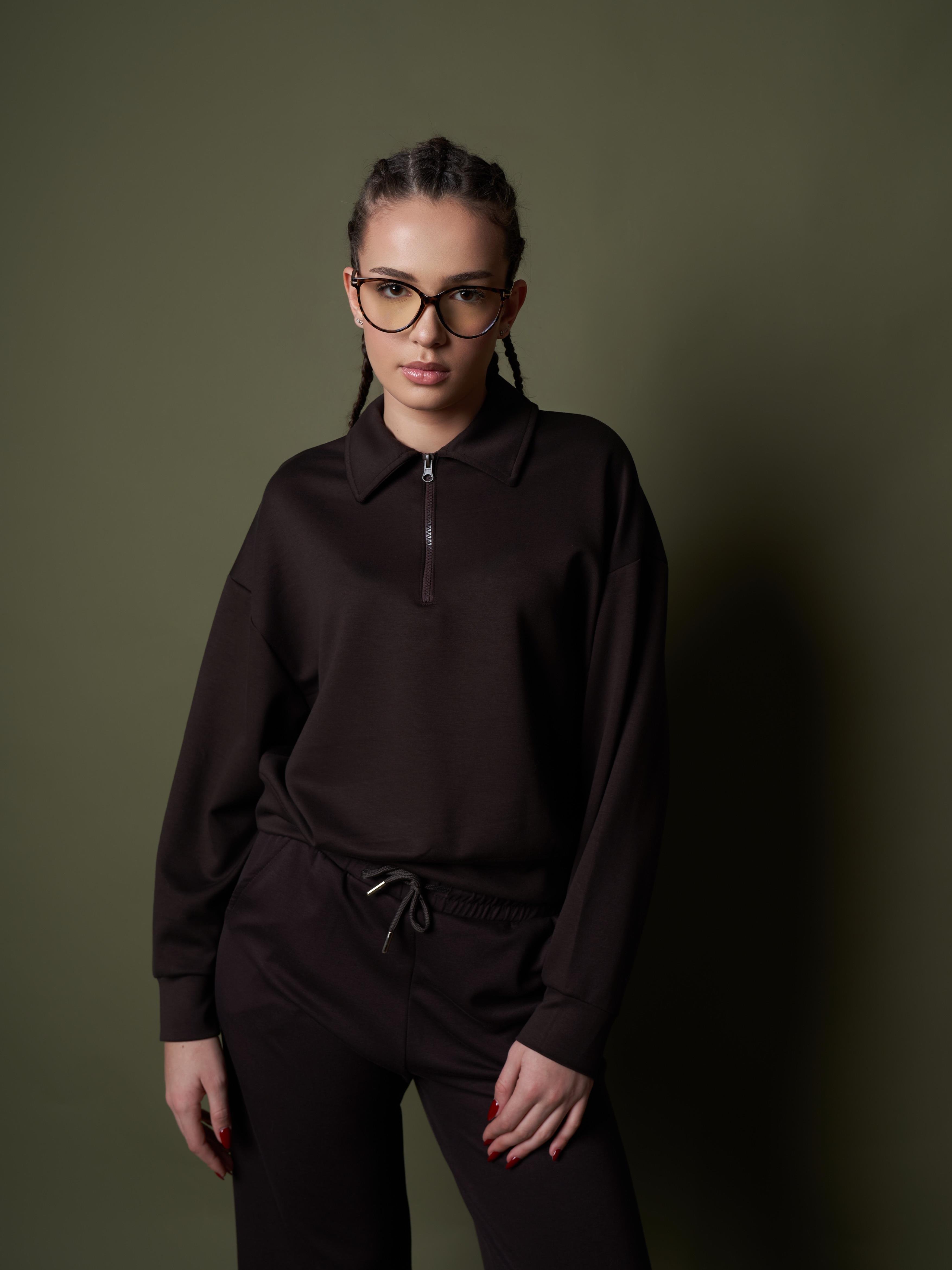 Yarım Fermuar Modal Kısa Sweatshirt Kahve