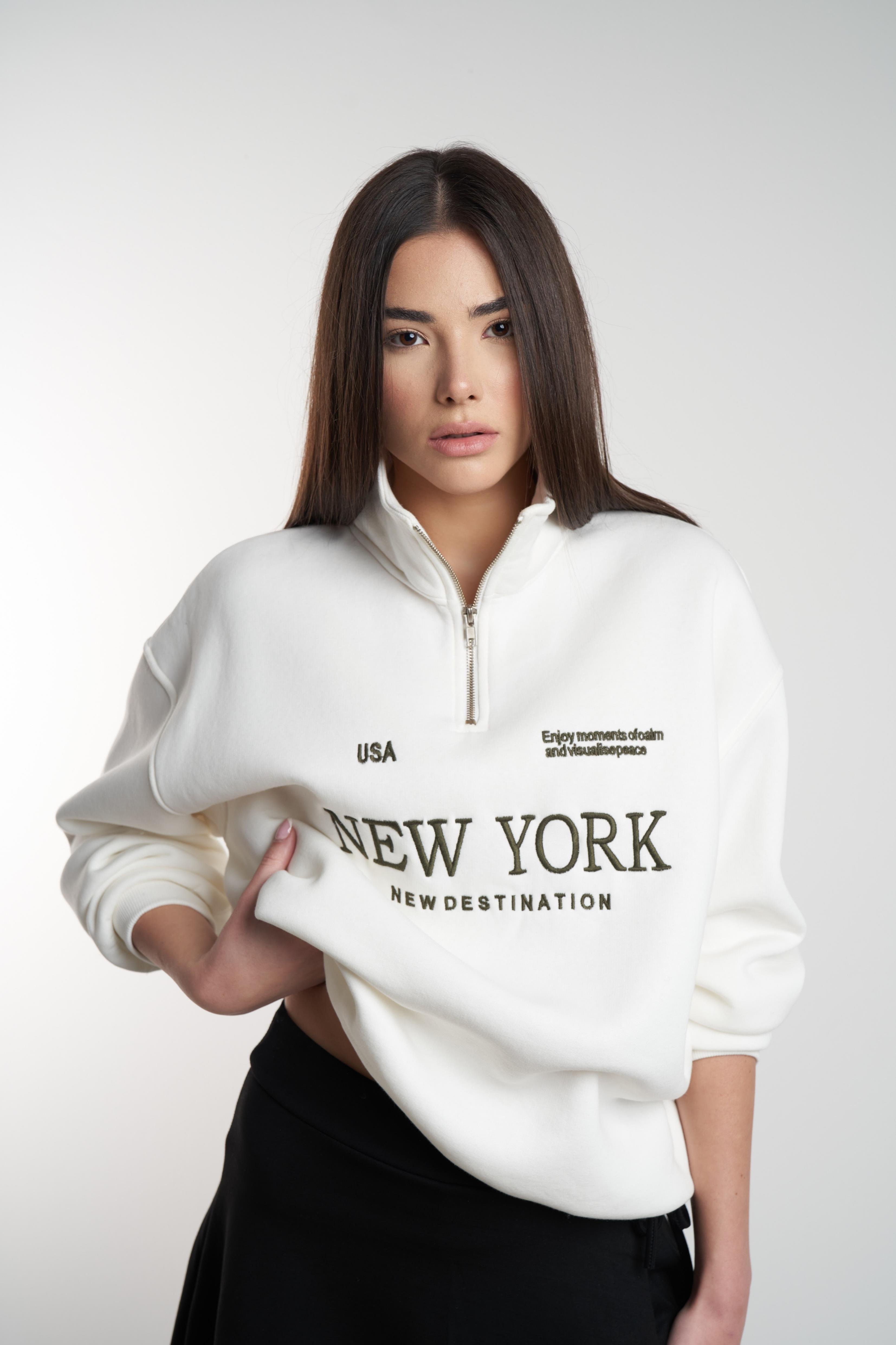 Yarım Fermuar New York Baskılı Sweatshirt Ekru