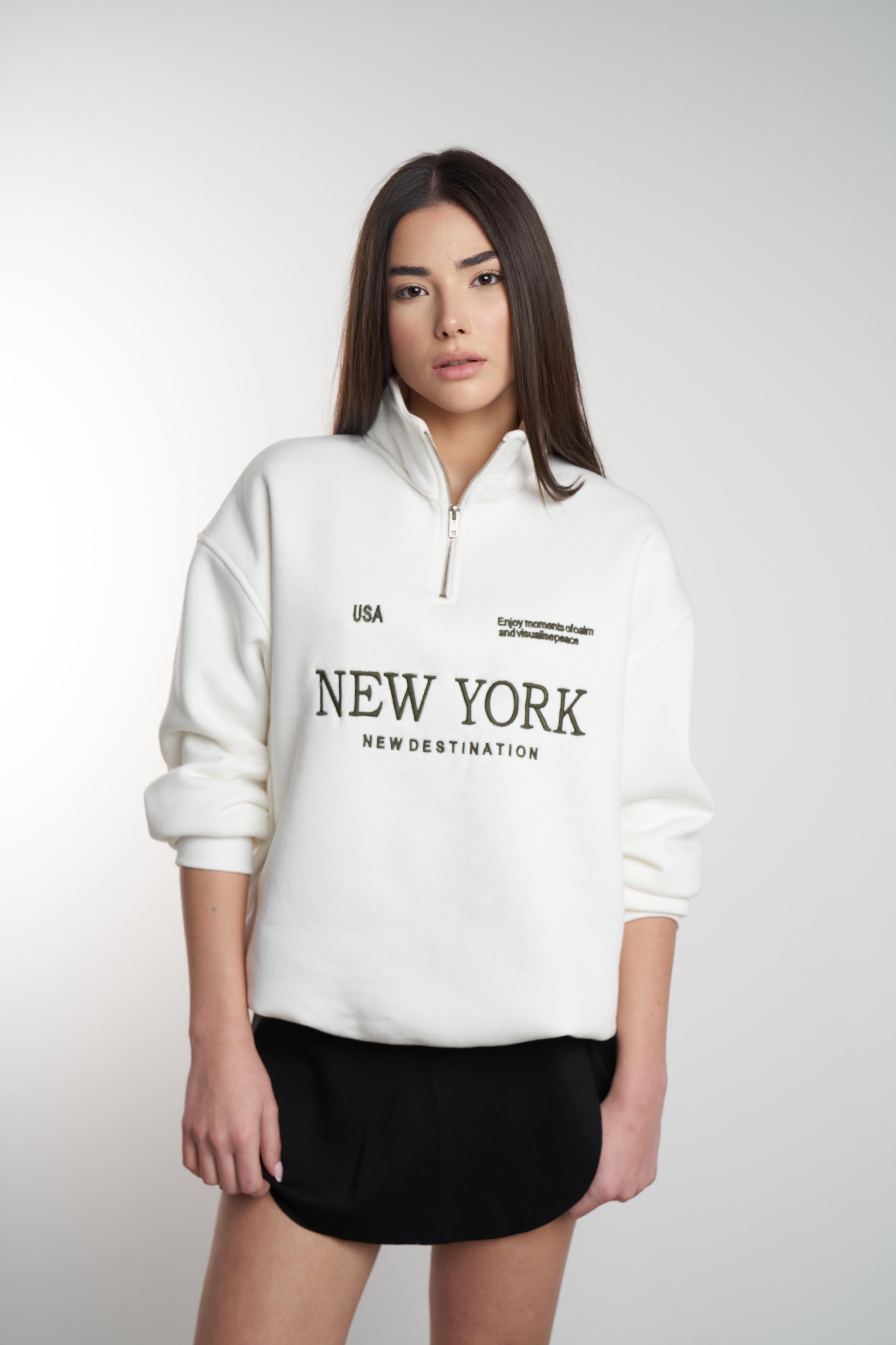 Yarım Fermuar New York Baskılı Sweatshirt Ekru