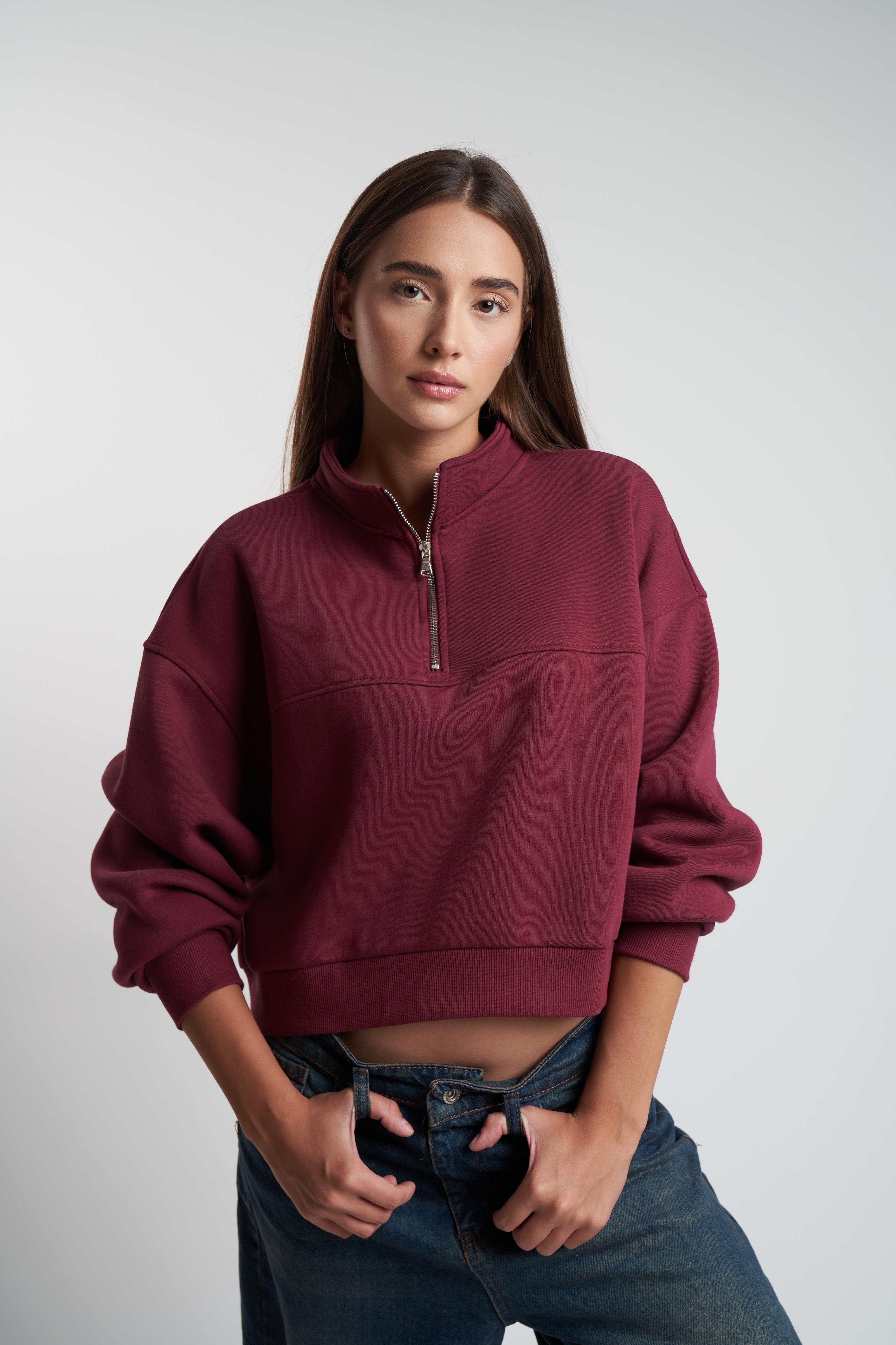 Yarım Fermuar Şardonlu Kısa Sweatshirt Bordo