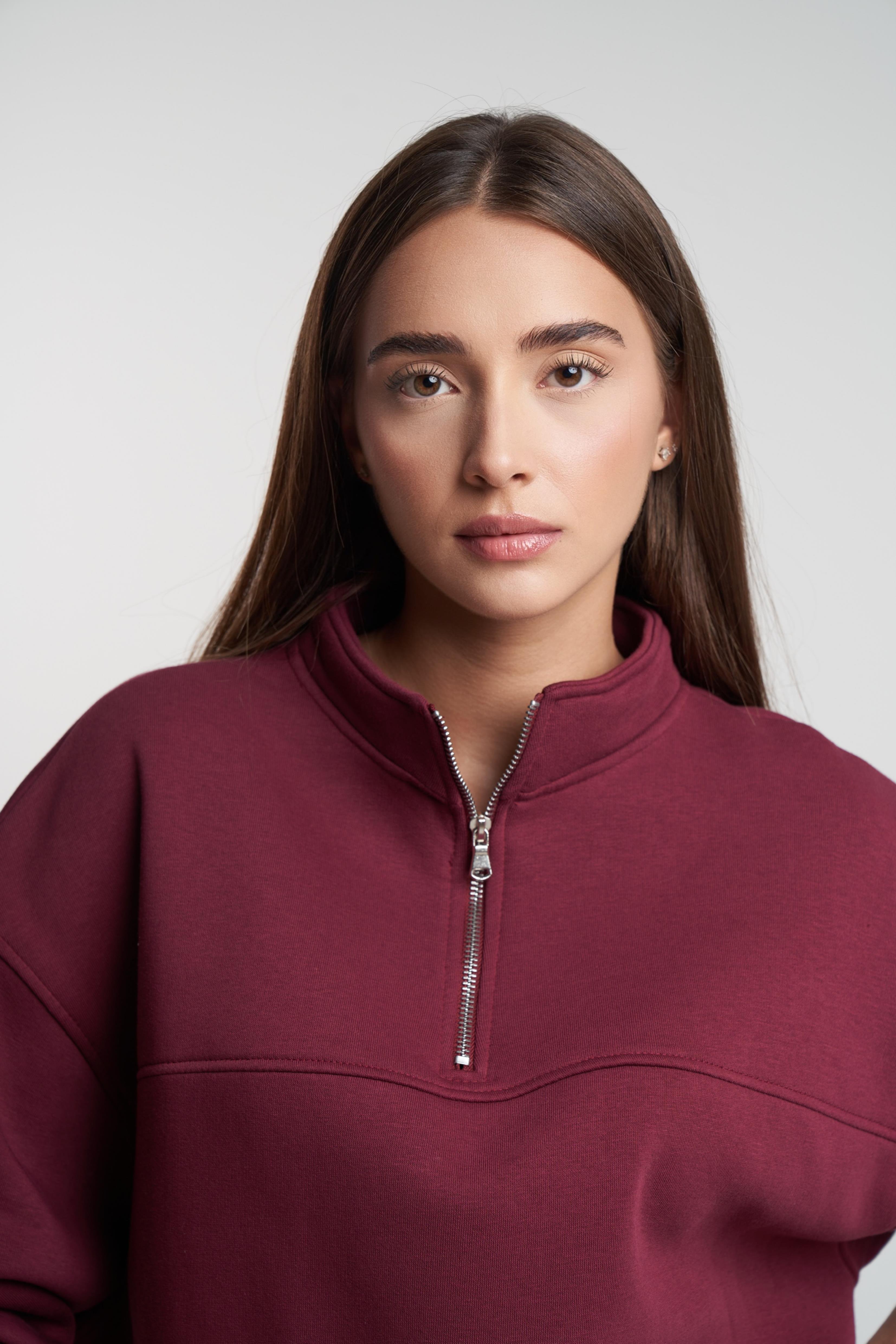 Yarım Fermuar Şardonlu Kısa Sweatshirt Bordo