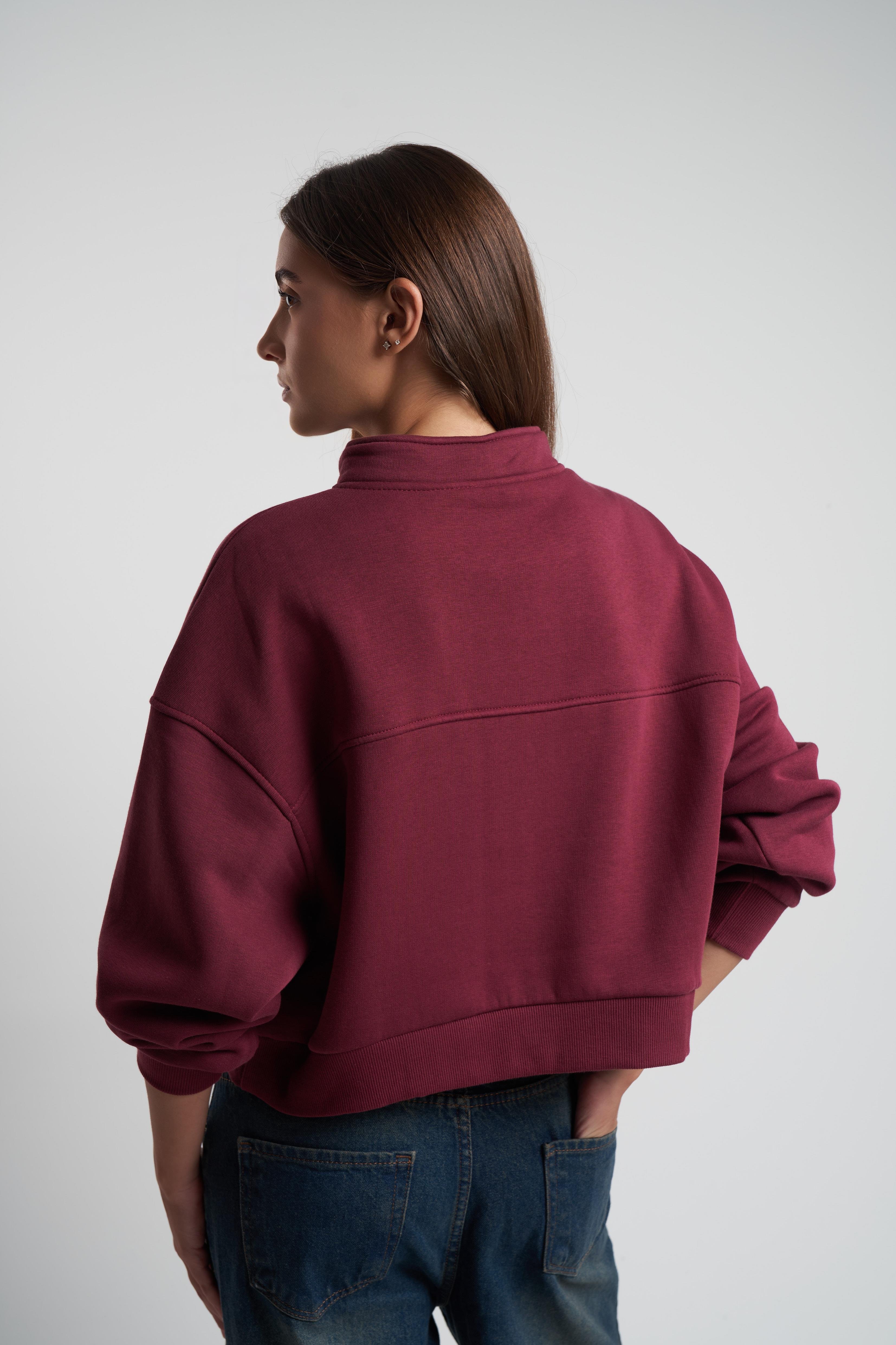 Yarım Fermuar Şardonlu Kısa Sweatshirt Bordo