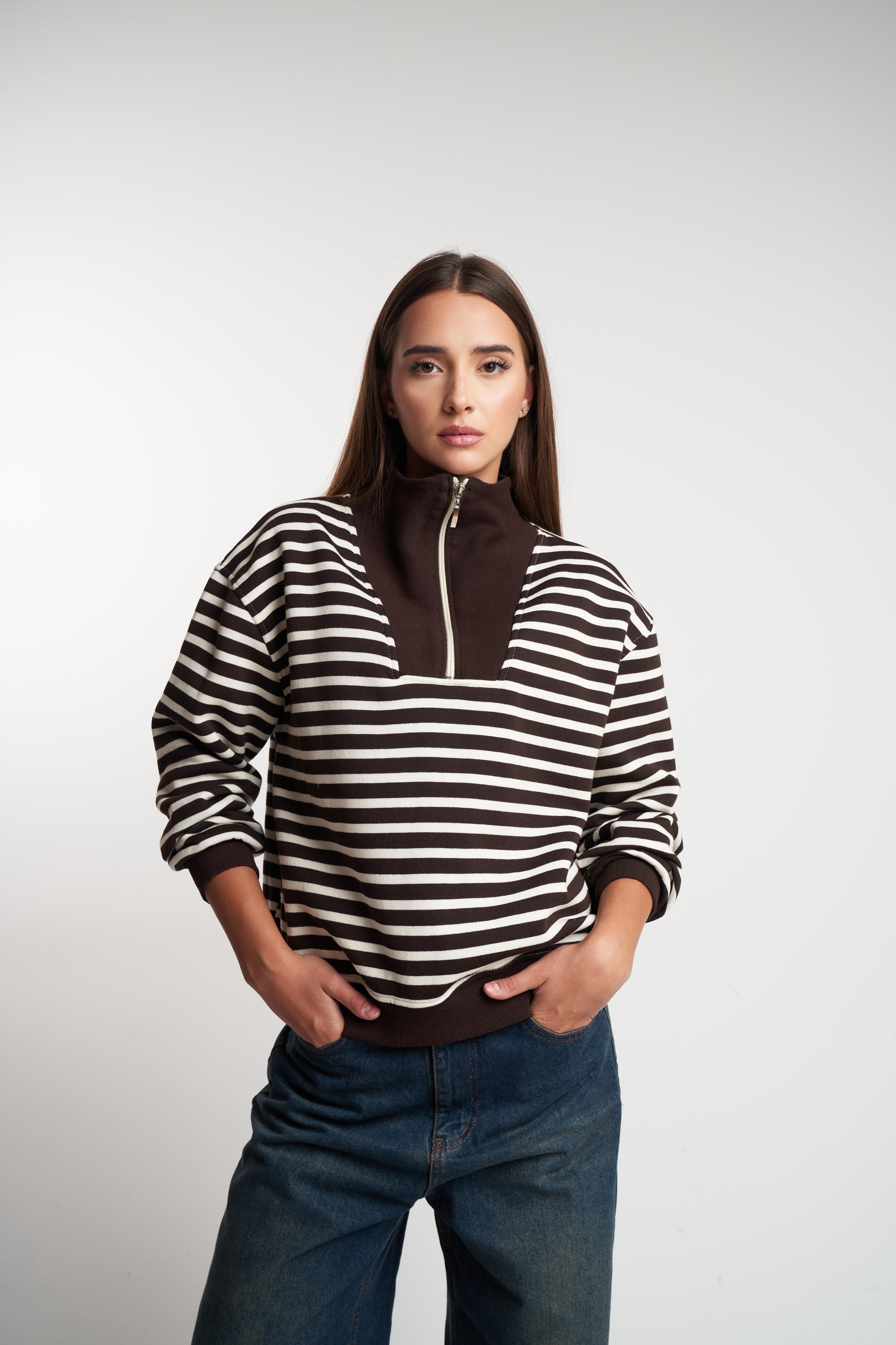 Yarım Fermuar Şardonlu Sweatshirt Kahve-Krem