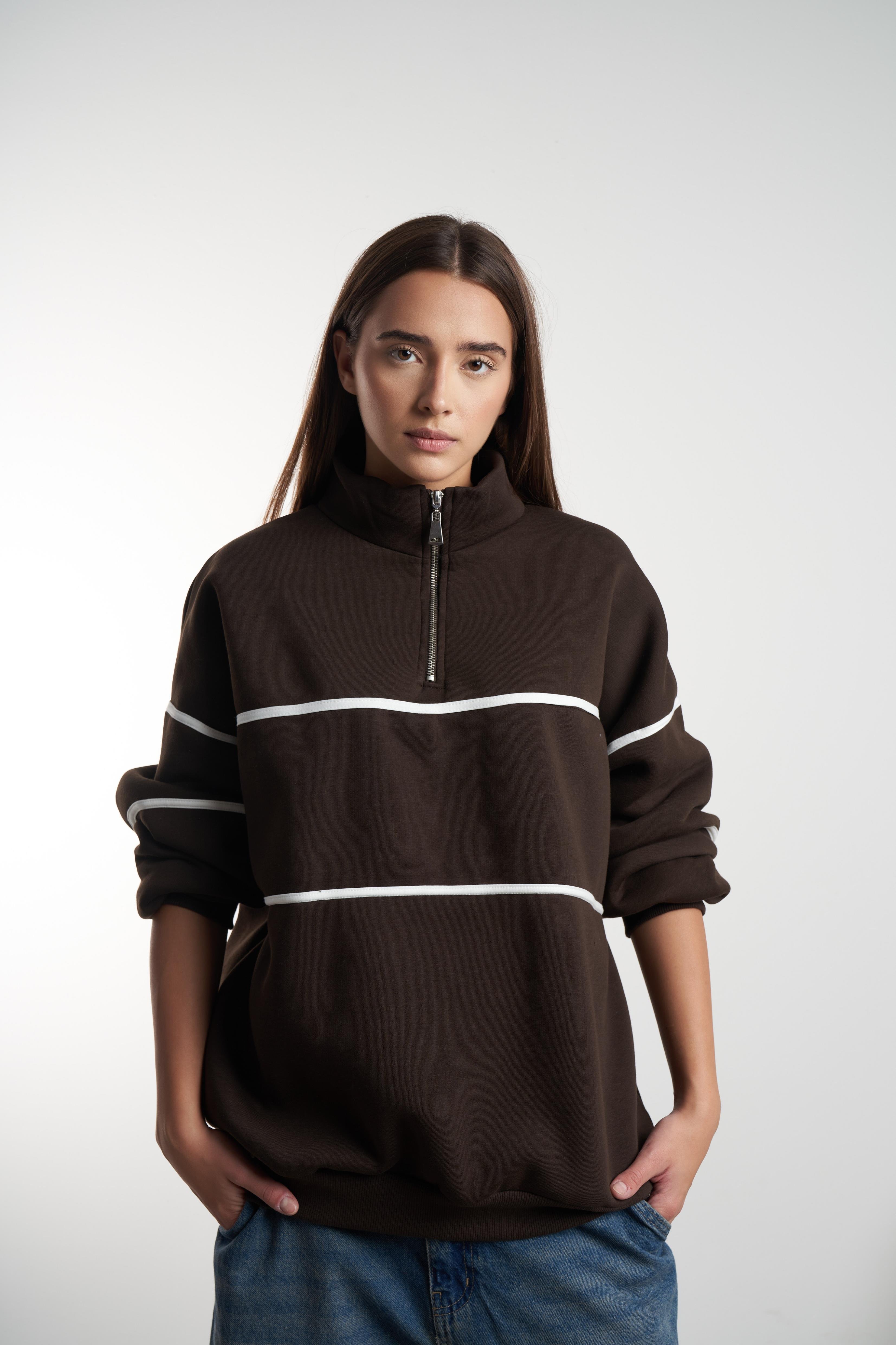 Yarım Fermuar Şardonlu Sweatshirt Kahve