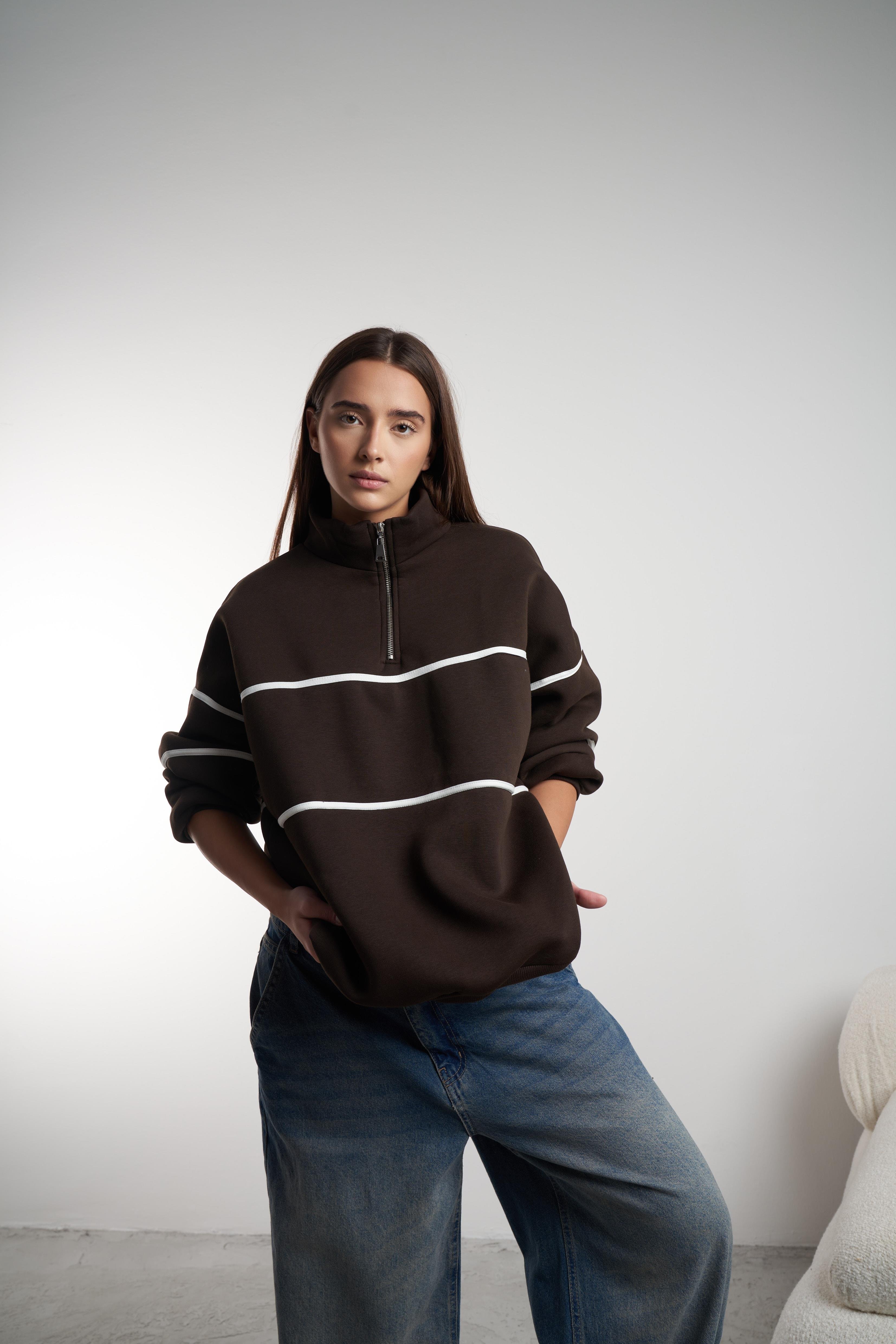 Yarım Fermuar Şardonlu Sweatshirt Kahve