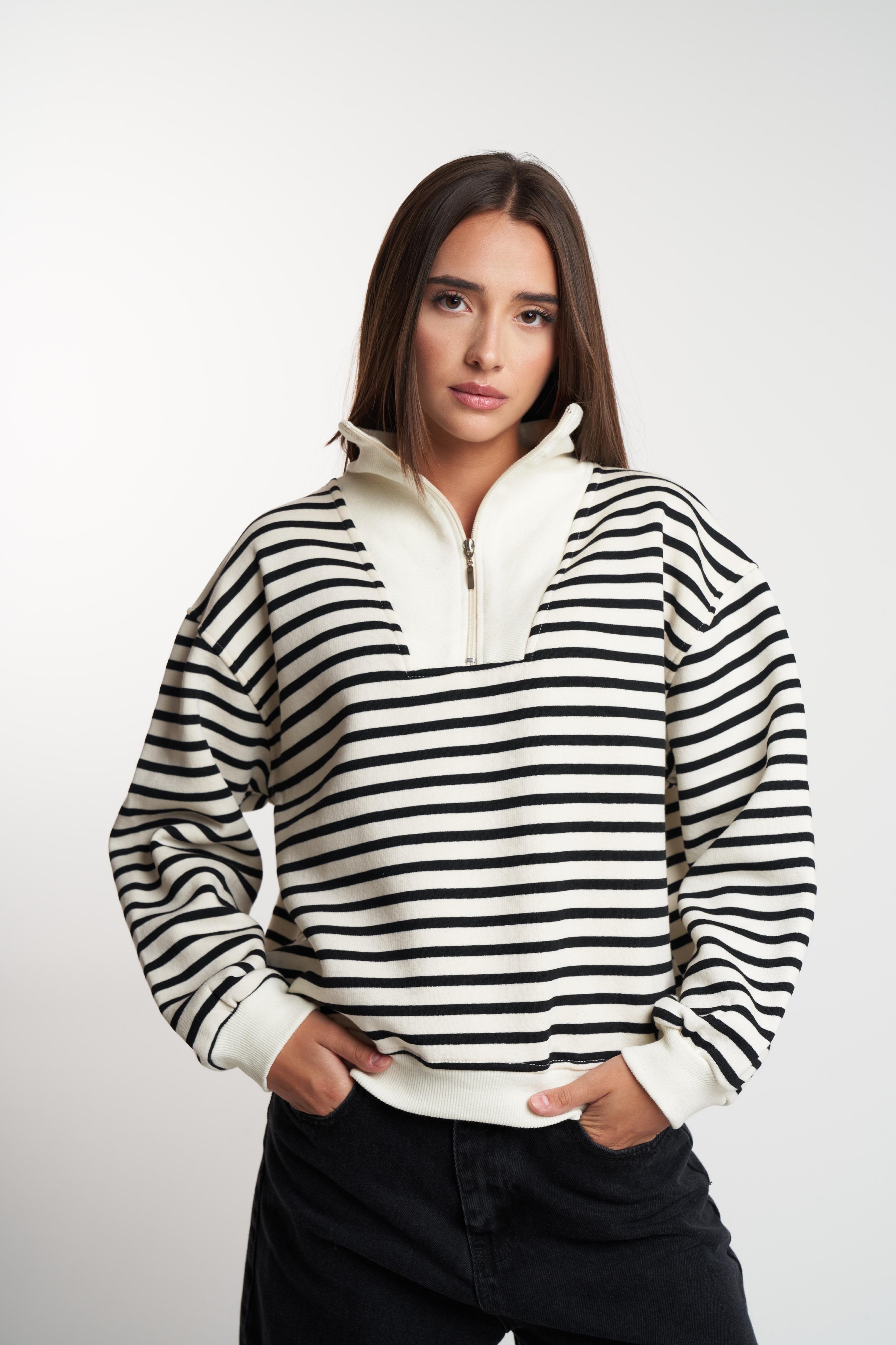 Yarım Fermuar Şardonlu Sweatshirt Krem-Siyah