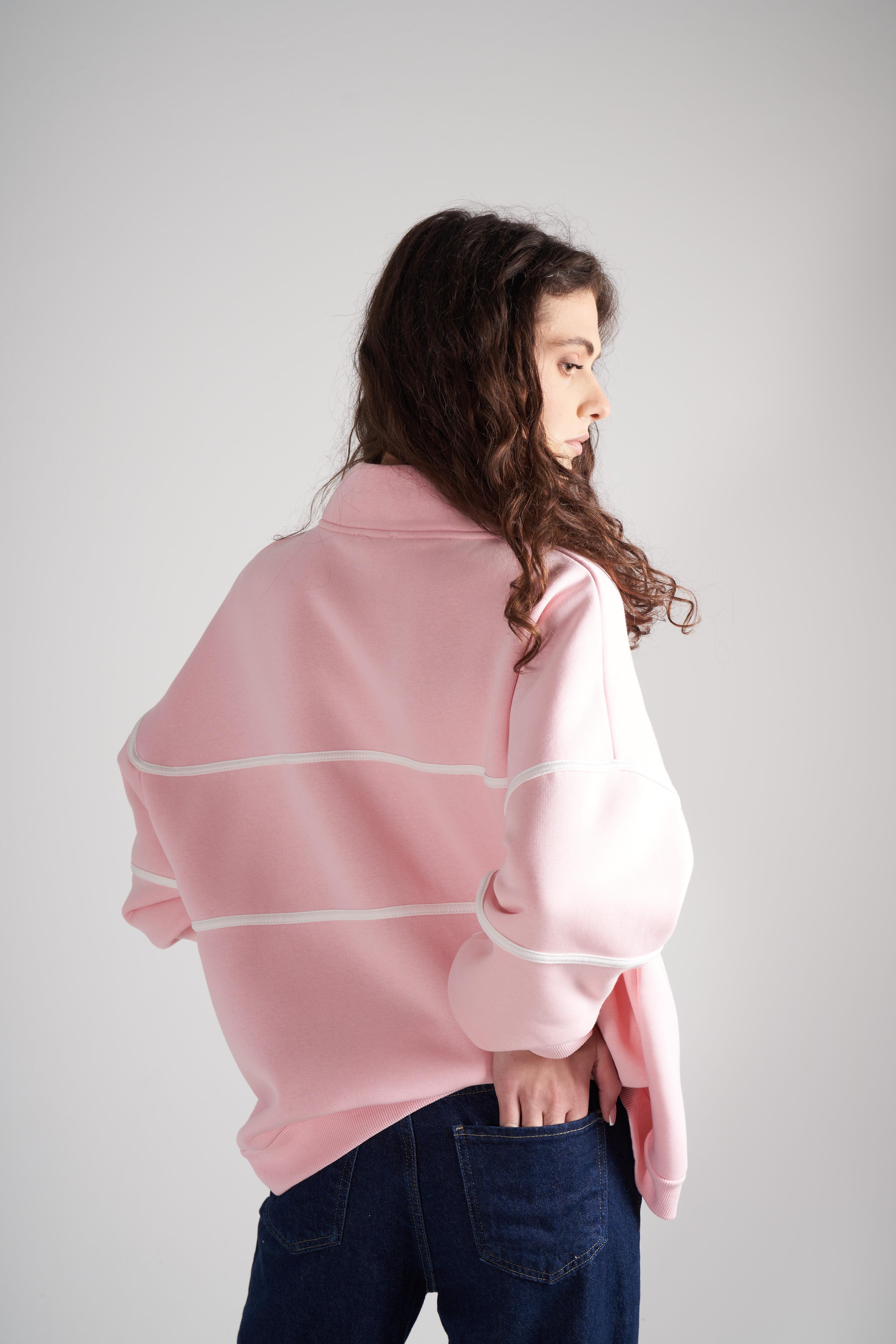 Yarım Fermuar Şardonlu Sweatshirt Toz Pembe