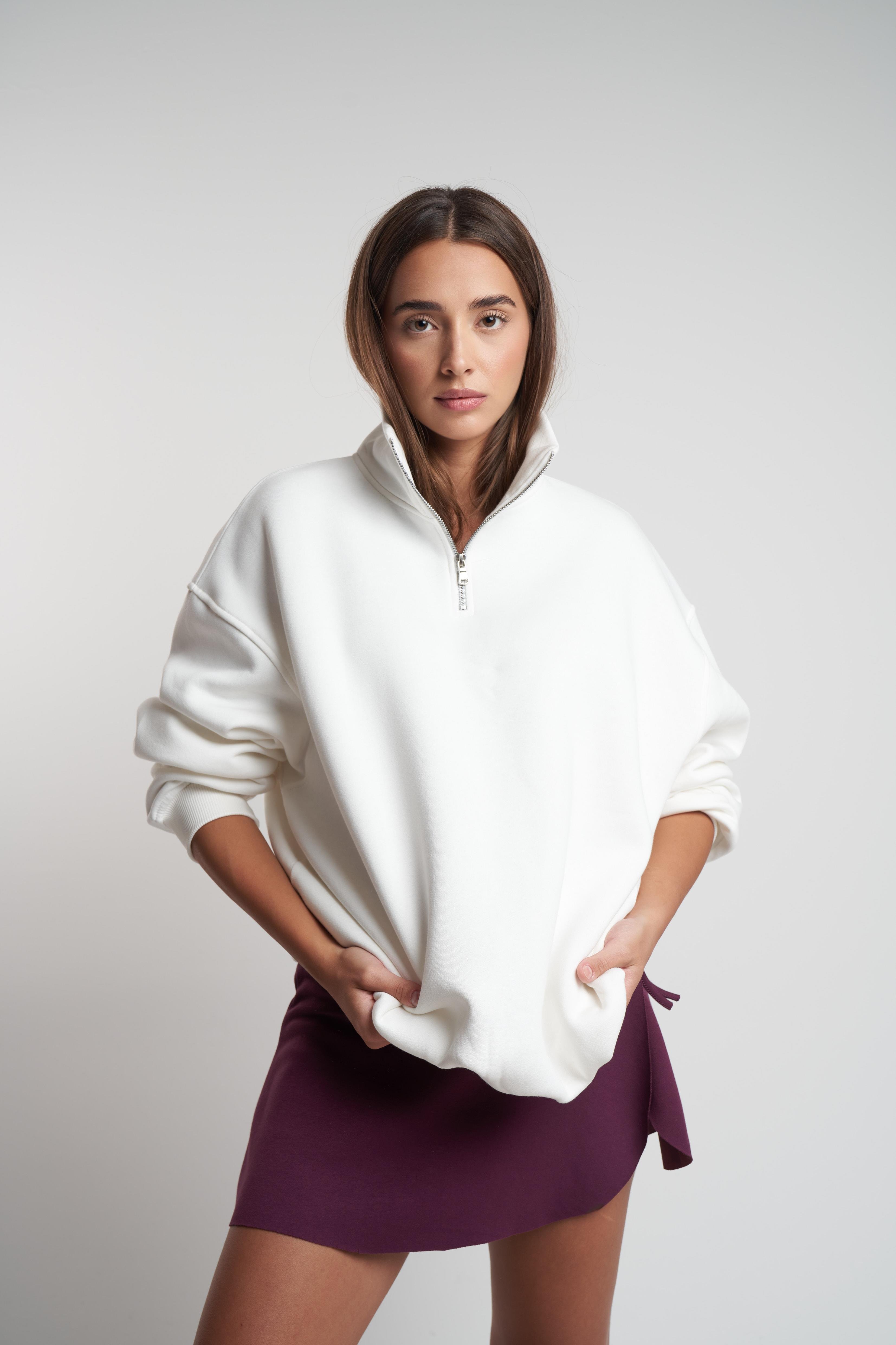 Yarım Fermuar Şardonlu Uzun Sweatshirt Ekru