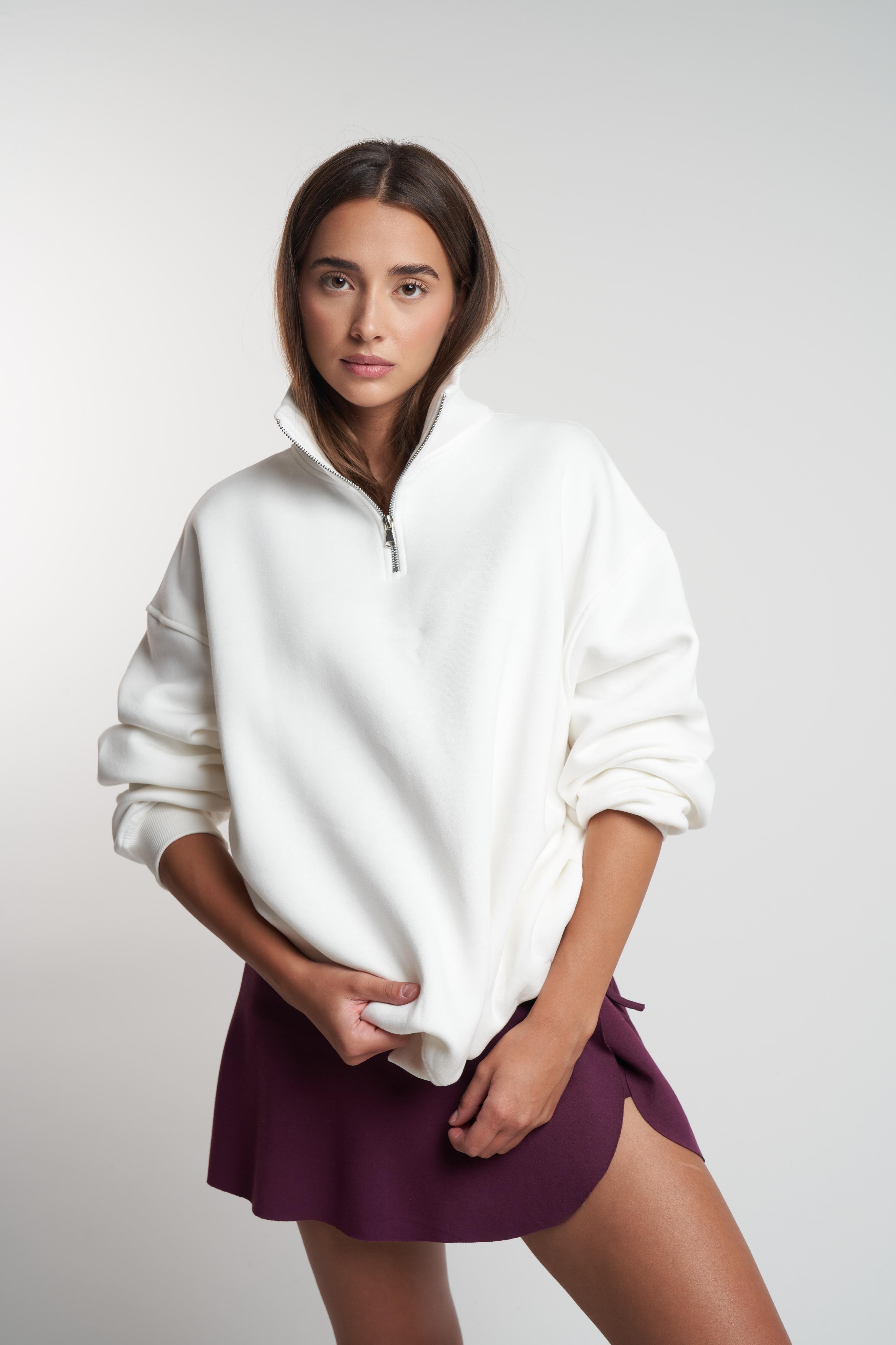 Yarım Fermuar Şardonlu Uzun Sweatshirt Ekru