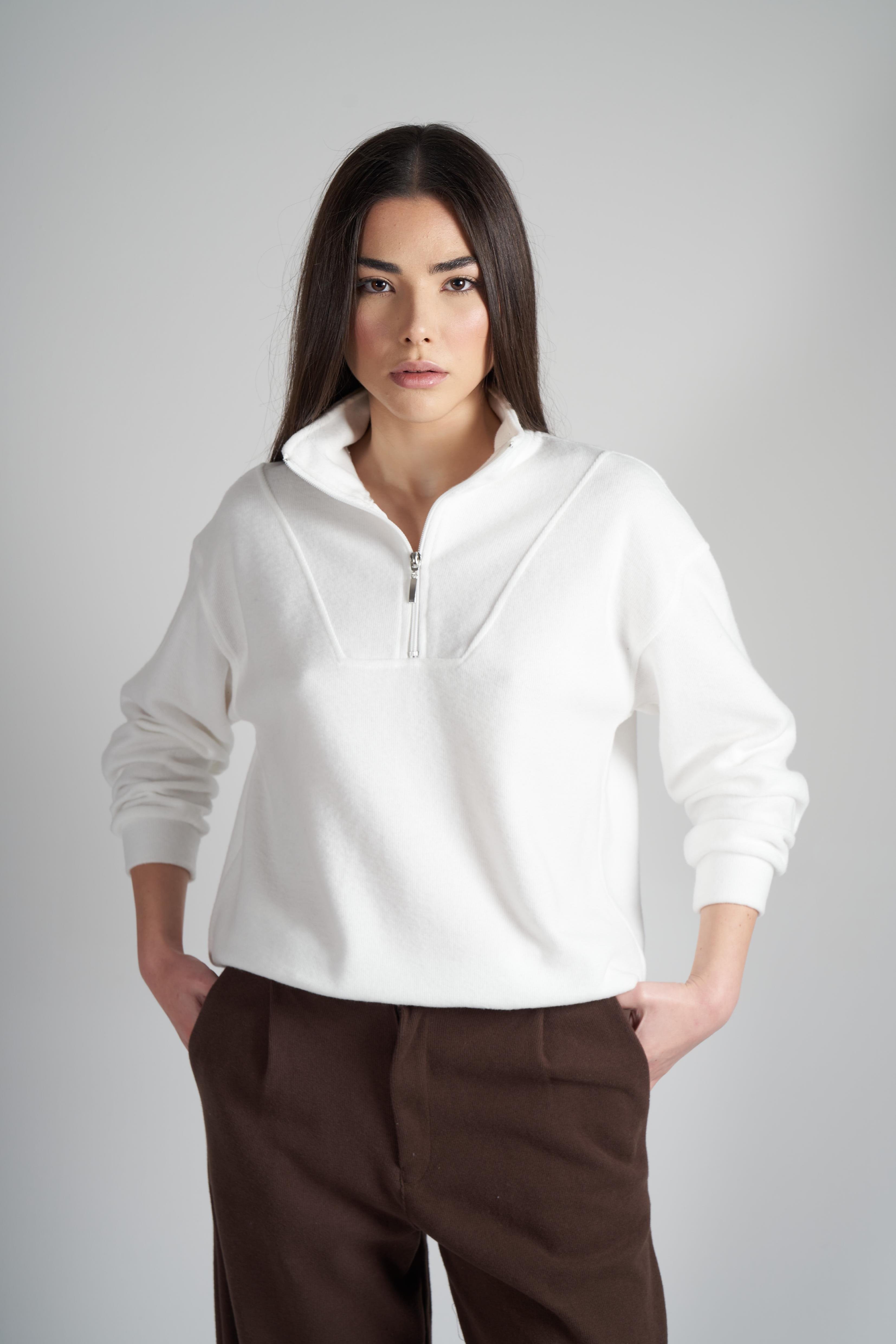 Yarım Fermuar Triko Sweatshirt Ekru