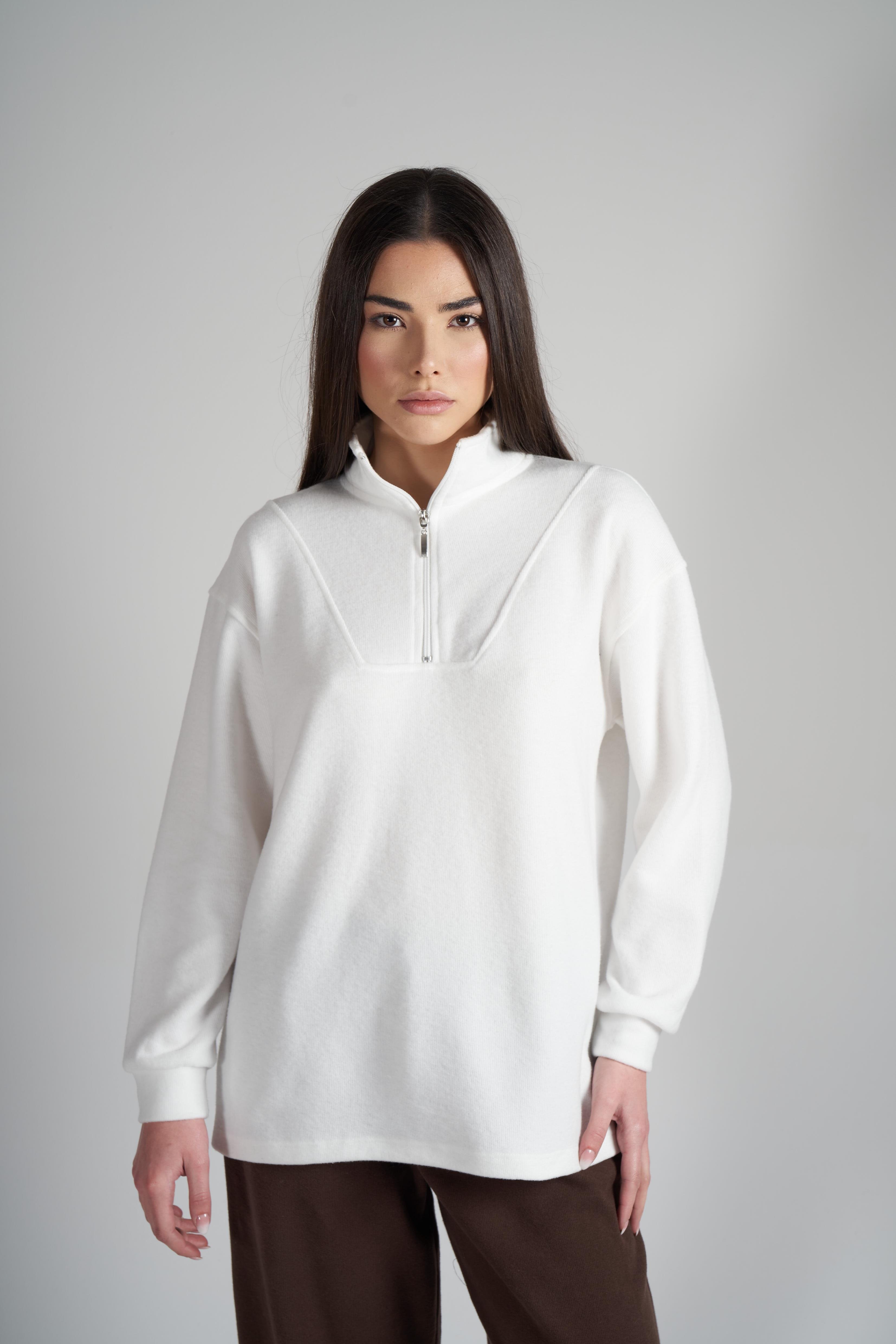 Yarım Fermuar Triko Sweatshirt Ekru