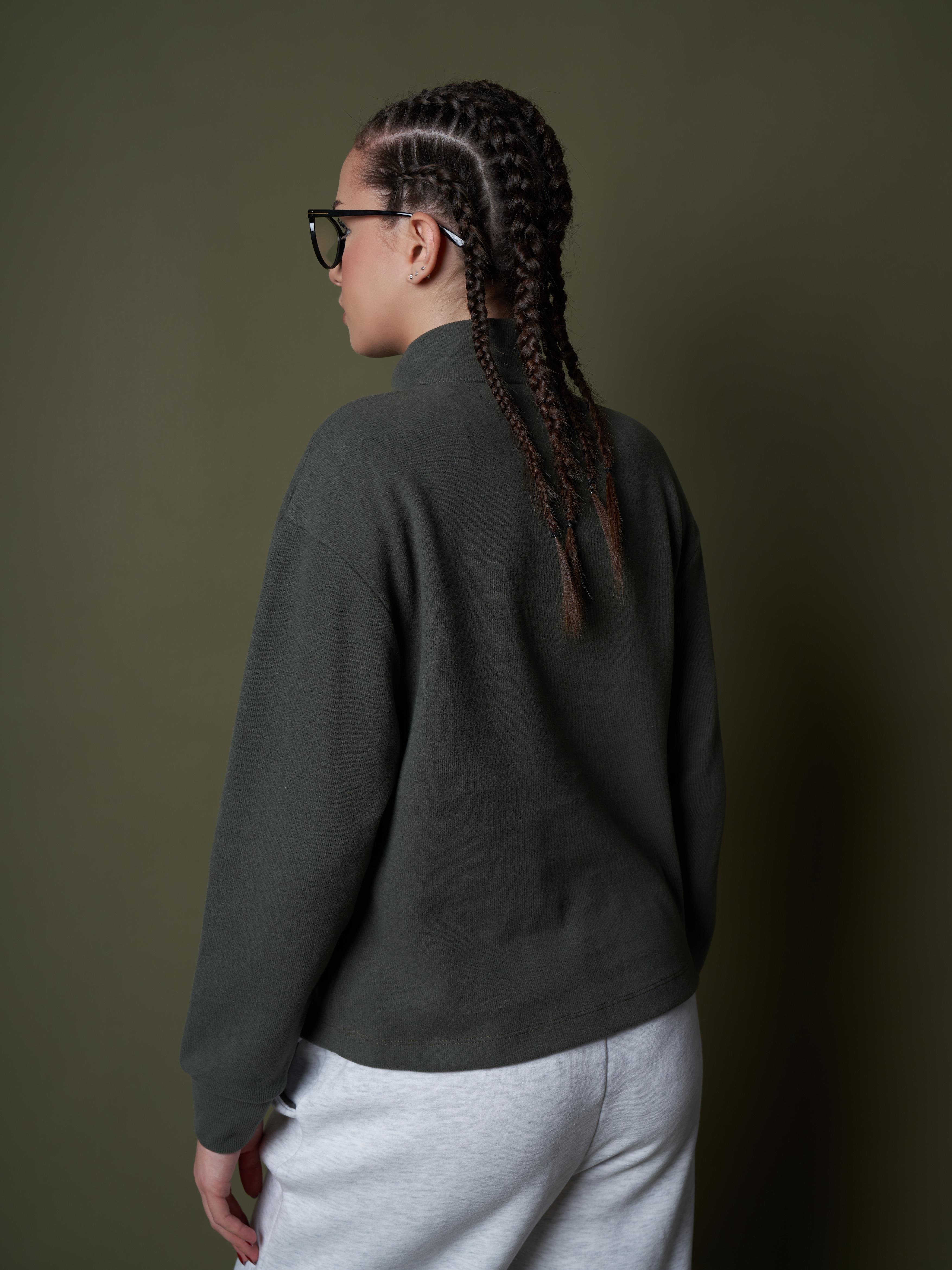 Yarım Fermuar Triko Sweatshirt Haki