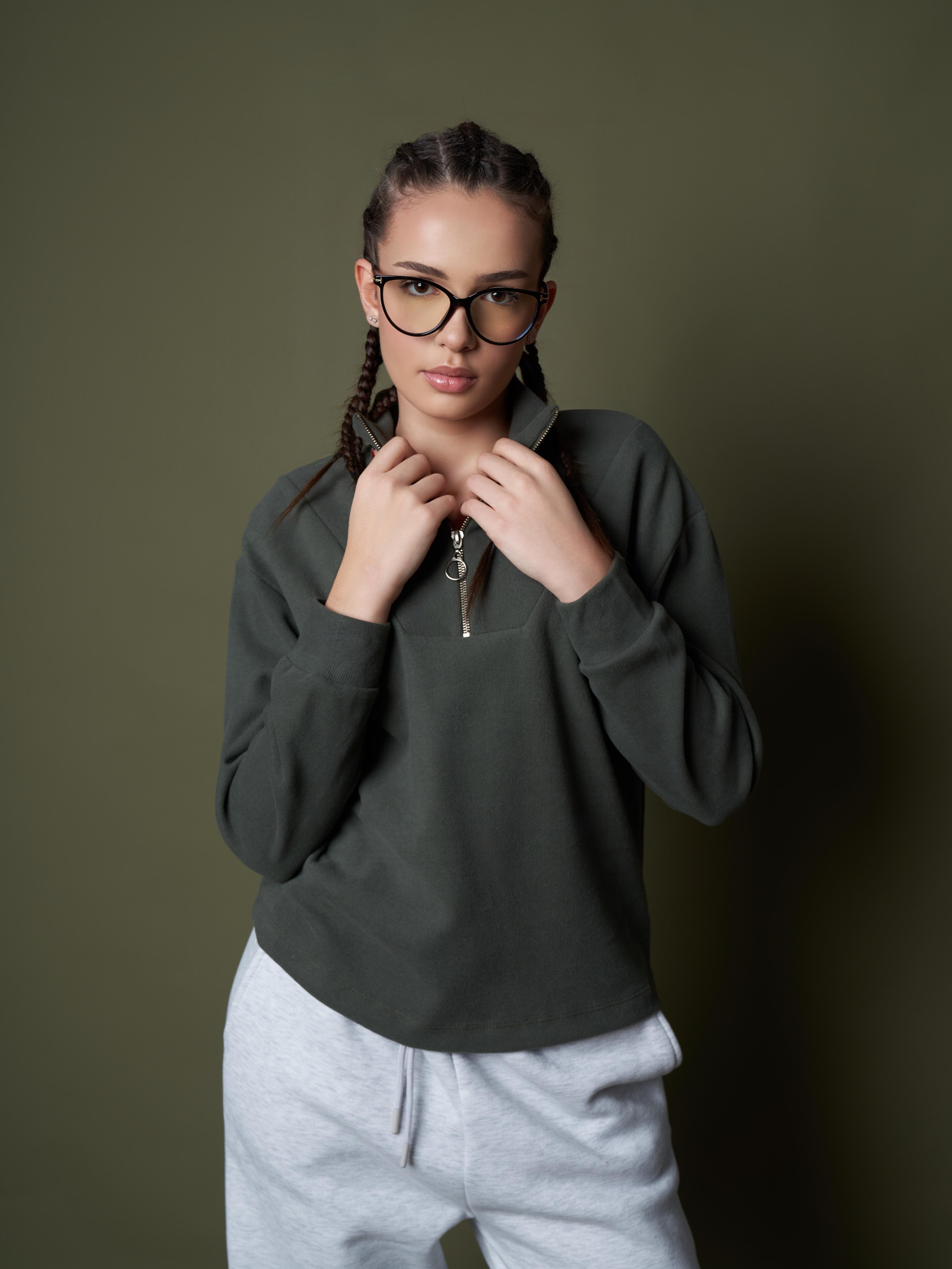 Yarım Fermuar Triko Sweatshirt Haki